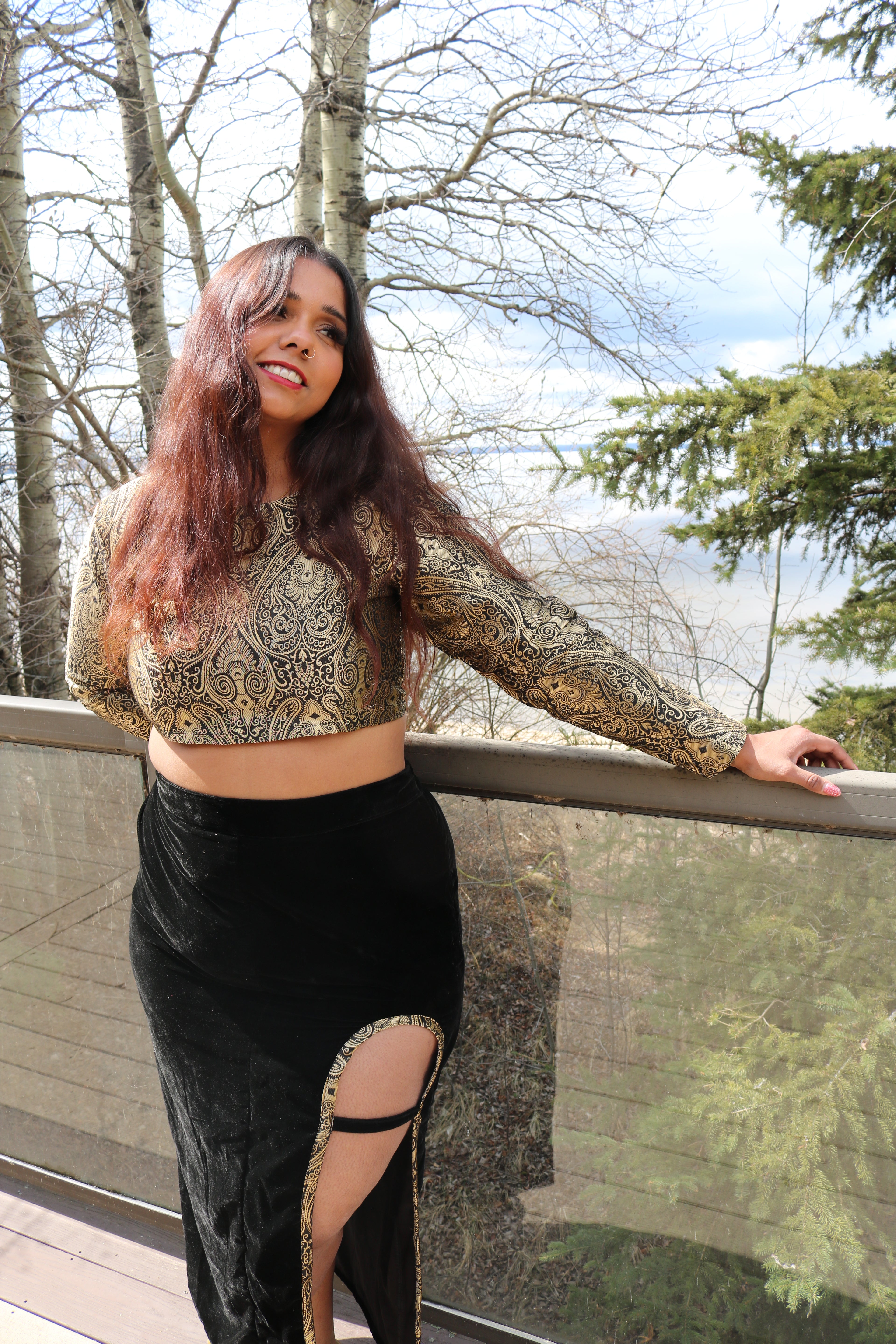 Golden Goddess Long Sleeve Crop Top & High Waisted U Slit Skirt Set