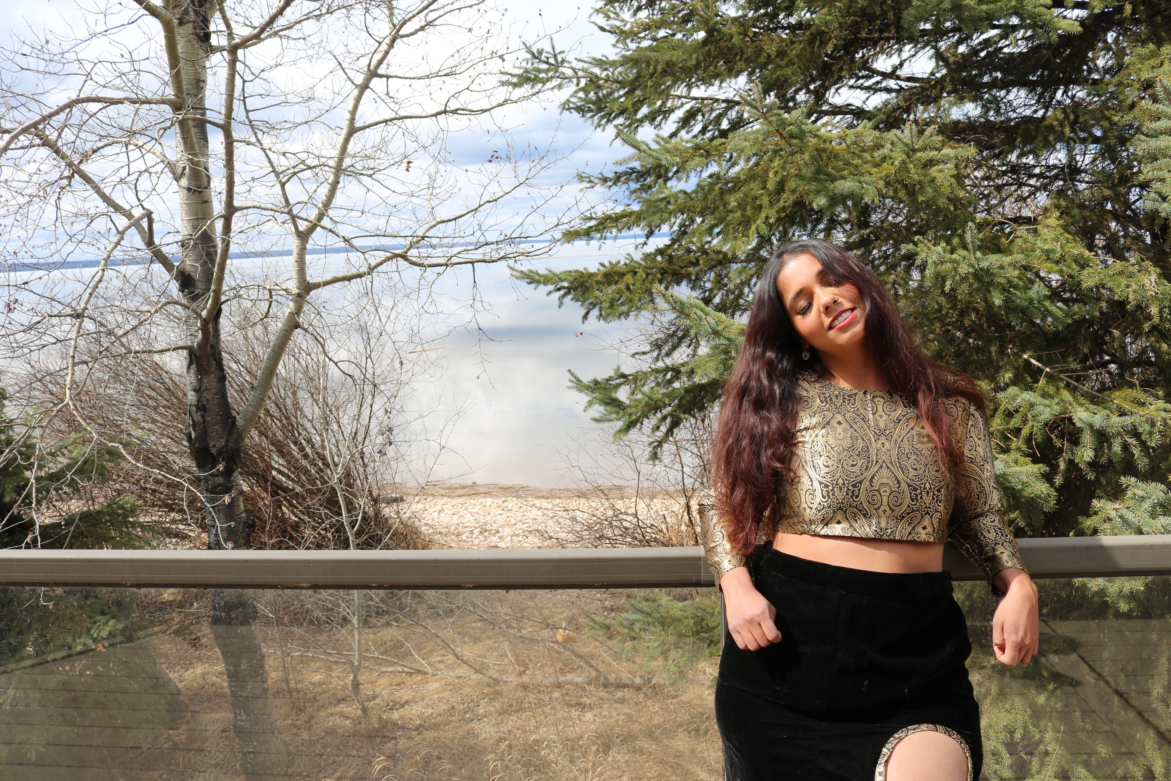 Golden Goddess Long Sleeve Crop Top & High Waisted U Slit Skirt Set