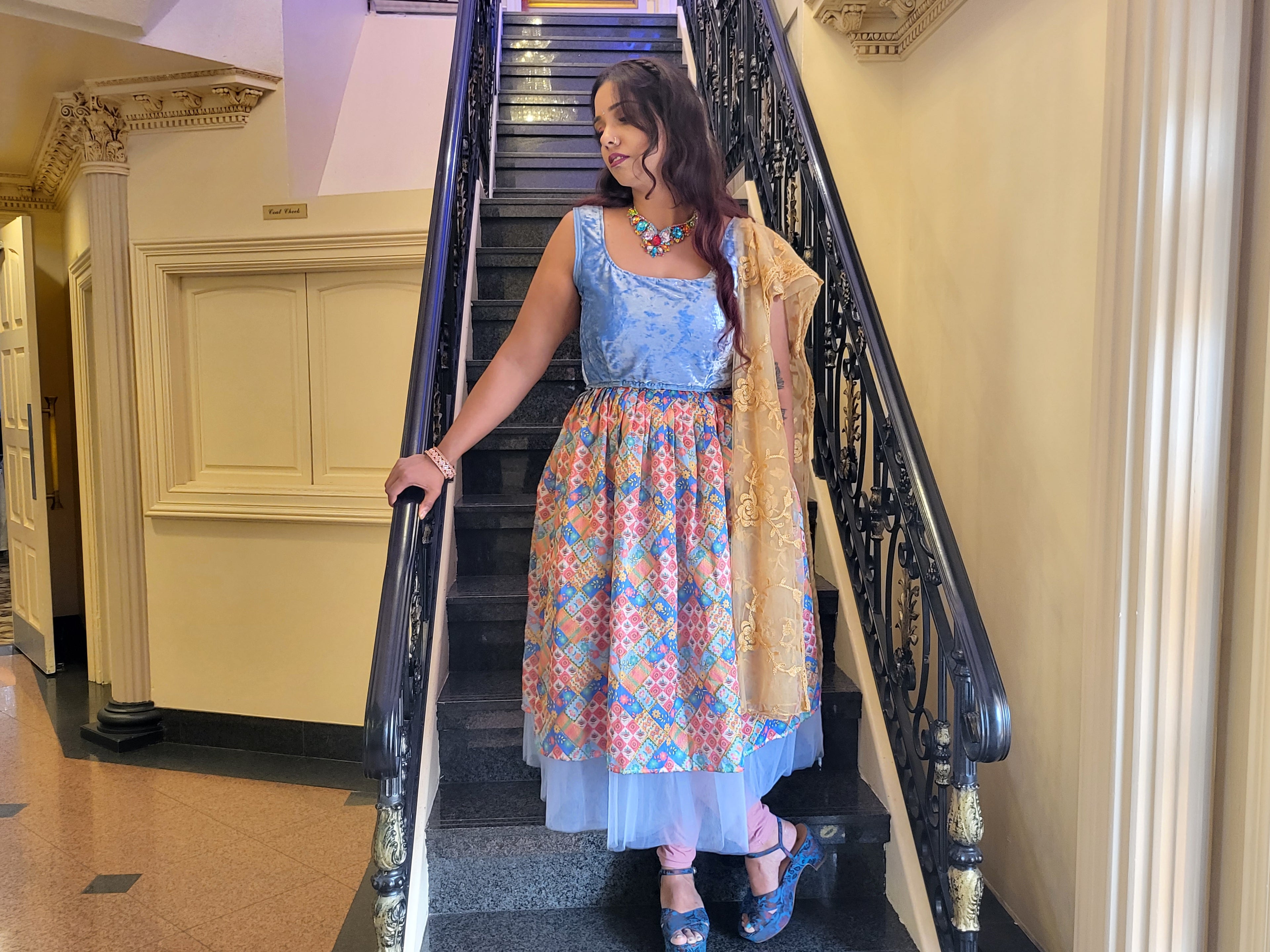 Pastel Goddess Blue Velvet Knee Length Dress