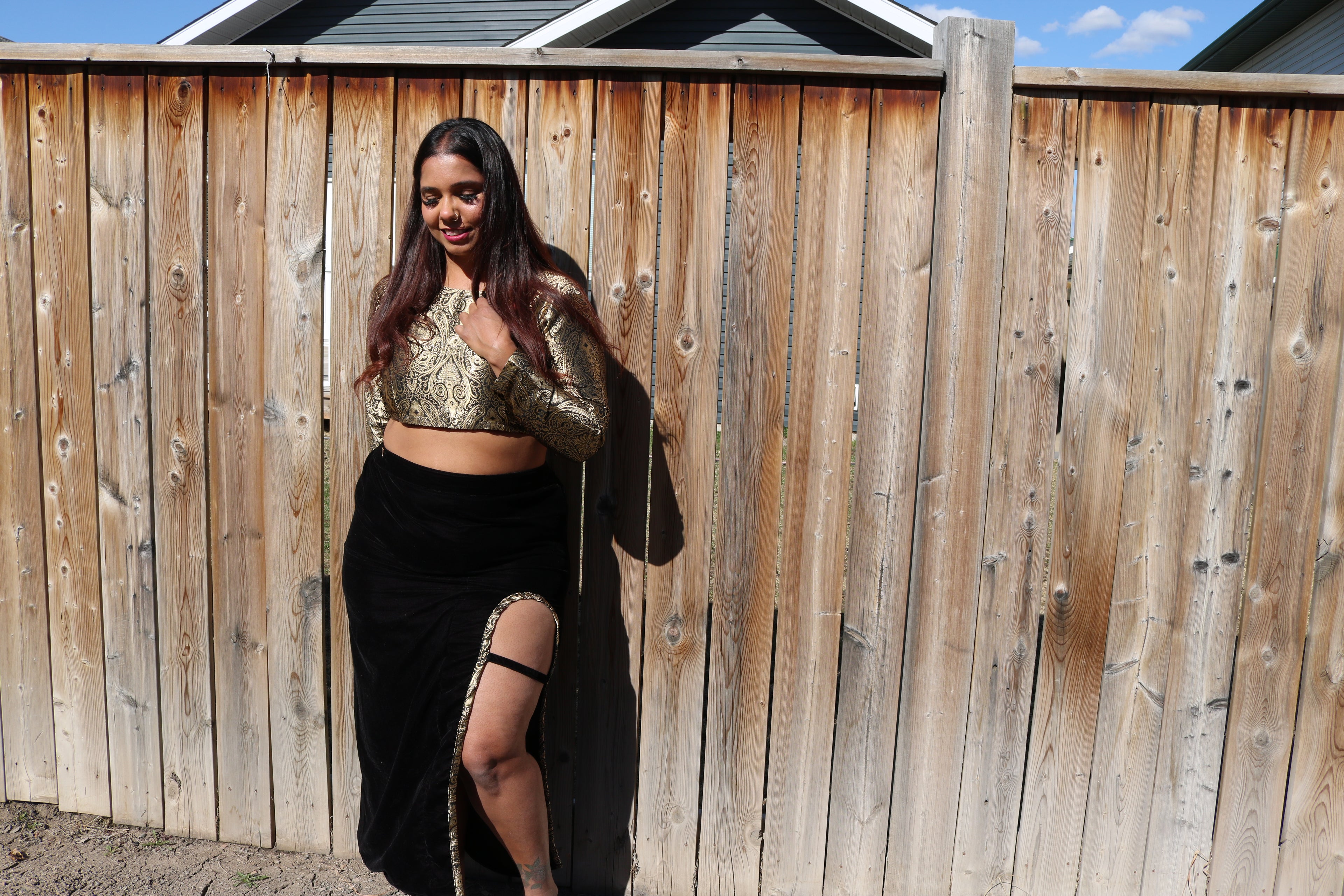 Golden Goddess Long Sleeve Crop Top & High Waisted U Slit Skirt Set