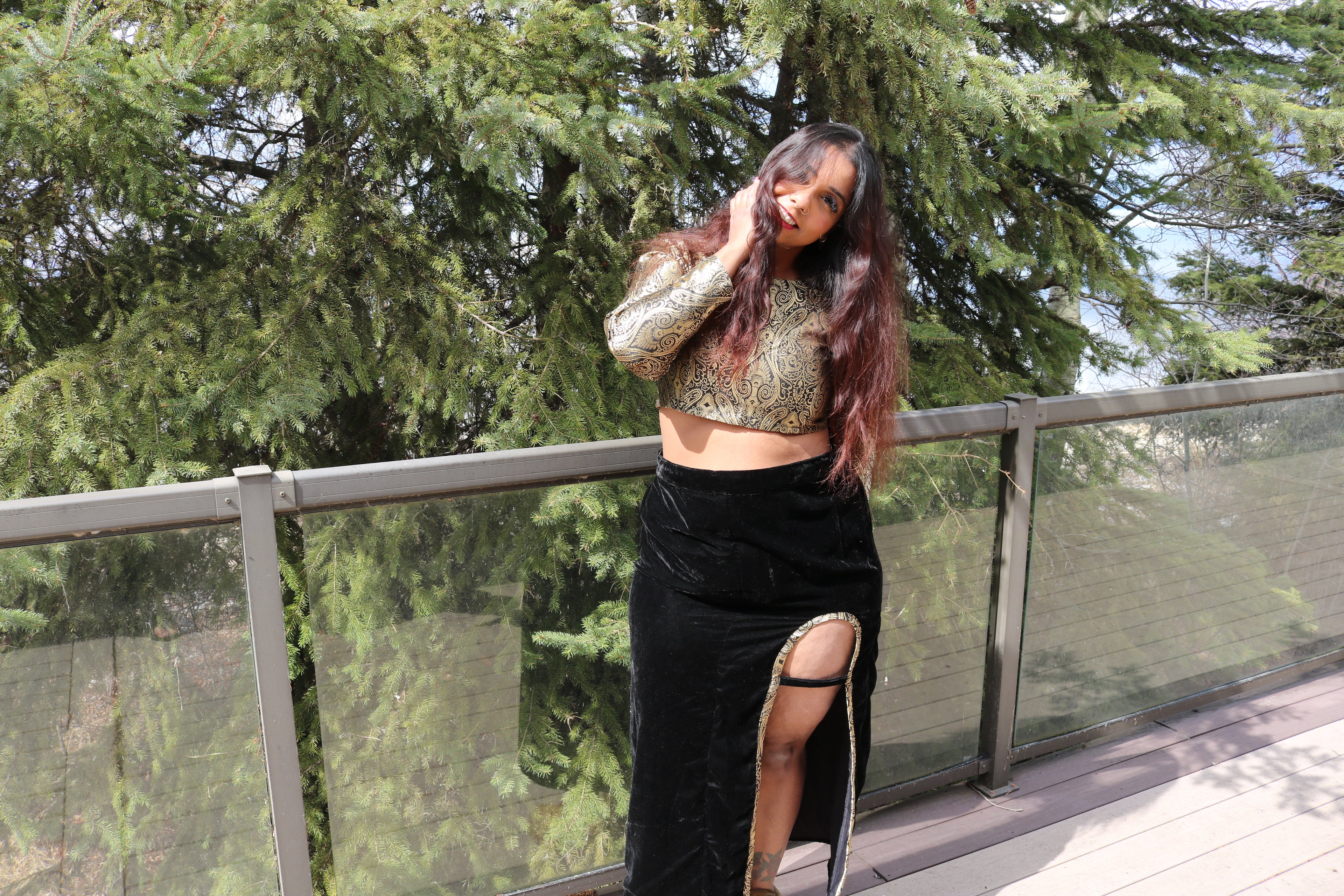 Golden Goddess Long Sleeve Crop Top & High Waisted U Slit Skirt Set