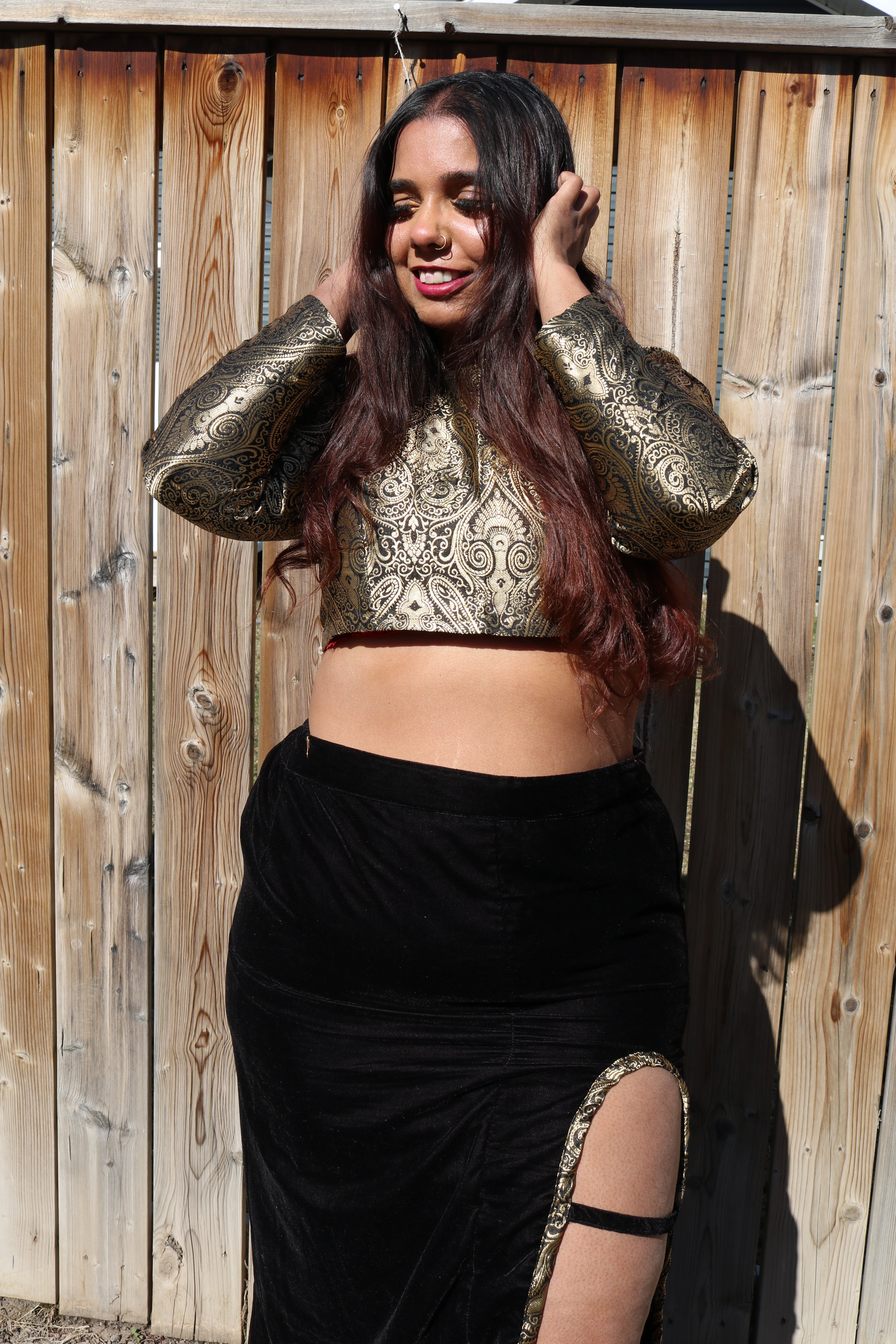 Golden Goddess Long Sleeve Crop Top & High Waisted U Slit Skirt Set