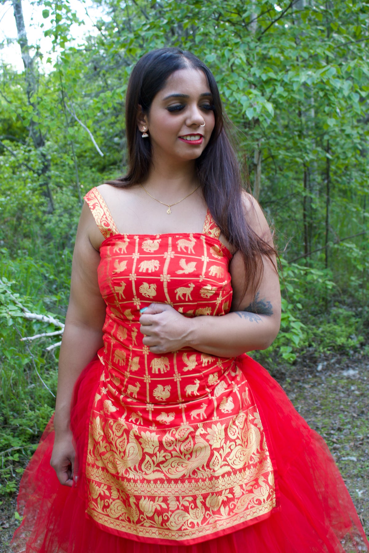 Golden Red Animals Above Knee Tulle Dress