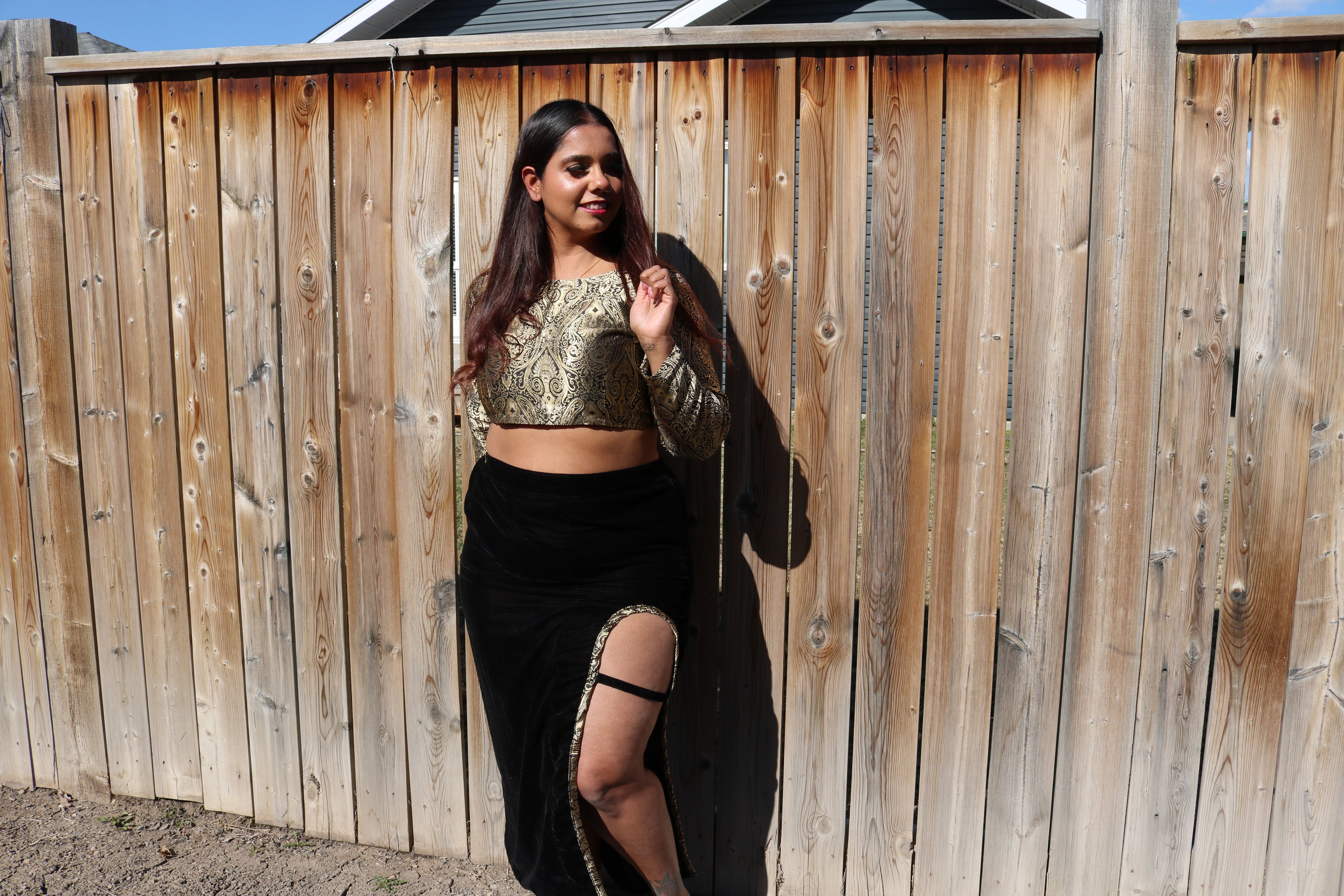 Golden Goddess Long Sleeve Crop Top & High Waisted U Slit Skirt Set