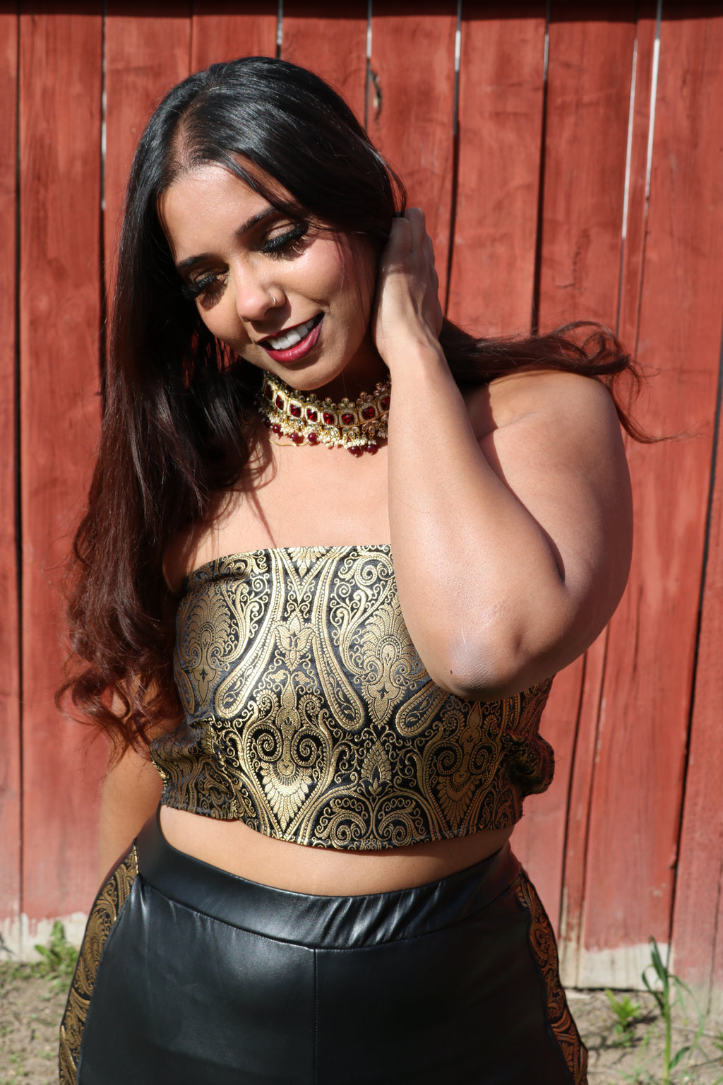 "A Hint of Gold" Faux Leather Pants with Crop Top