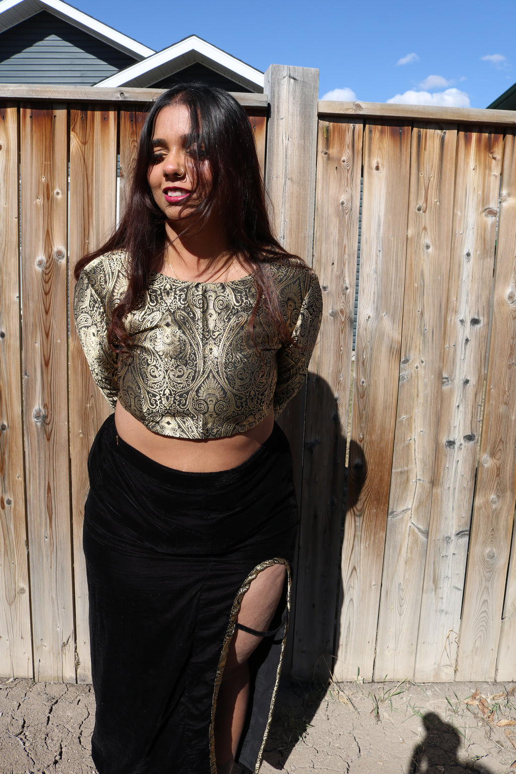 Golden Goddess Long Sleeve Crop Top & High Waisted U Slit Skirt Set
