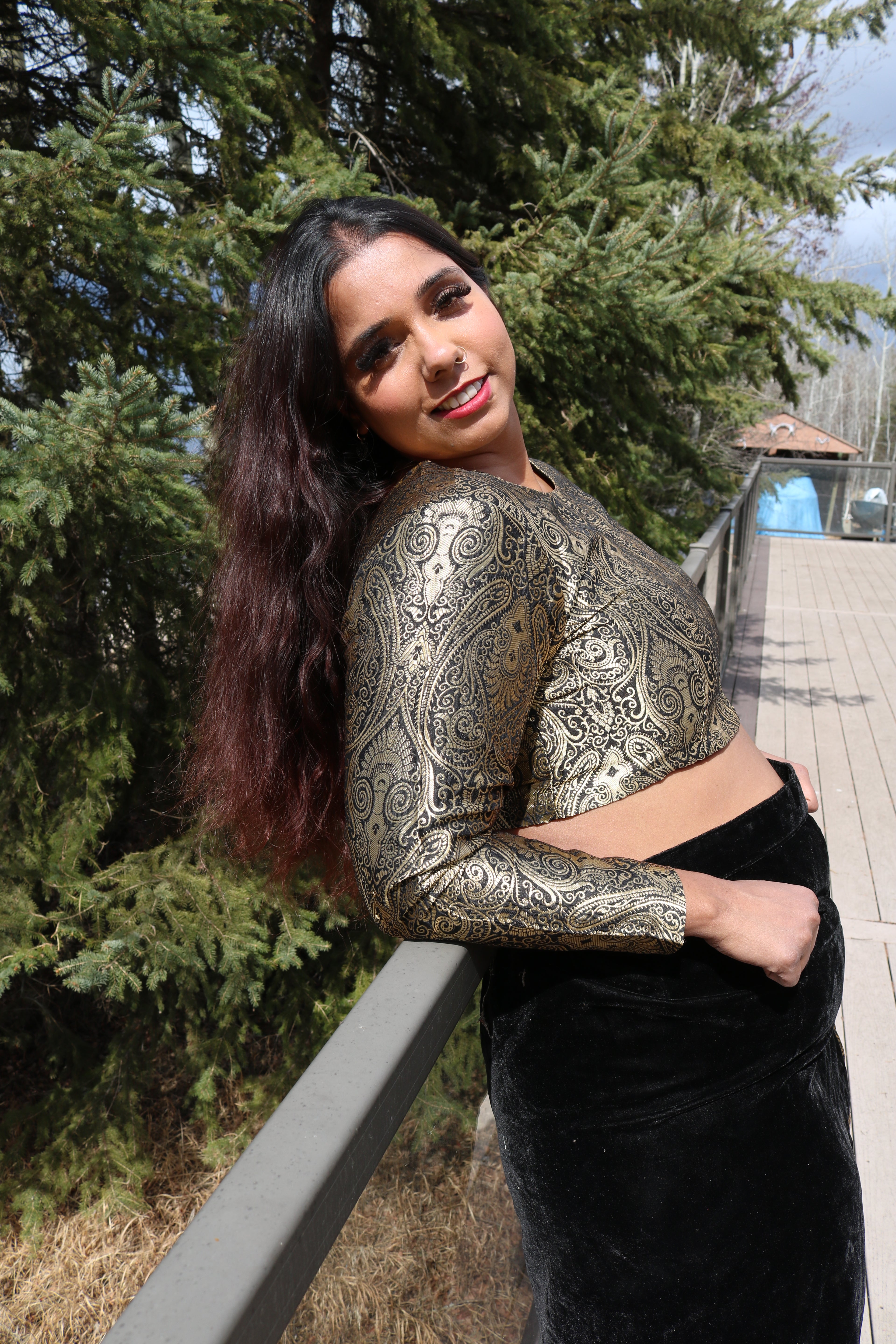 Golden Goddess Long Sleeve Crop Top & High Waisted U Slit Skirt Set