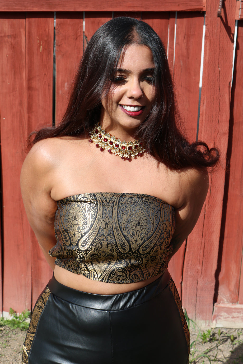 "A Hint of Gold" Faux Leather Pants with Crop Top