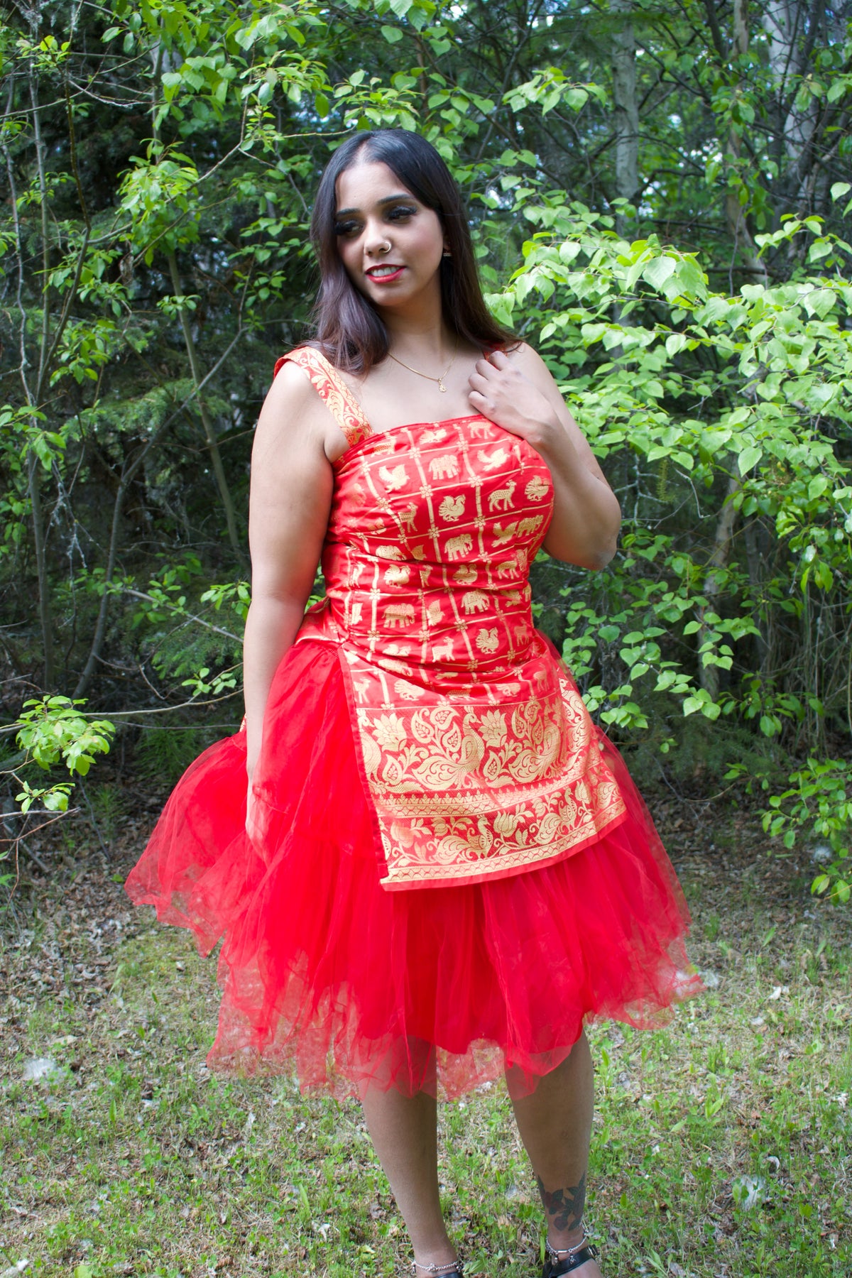 Golden Red Animals Above Knee Tulle Dress