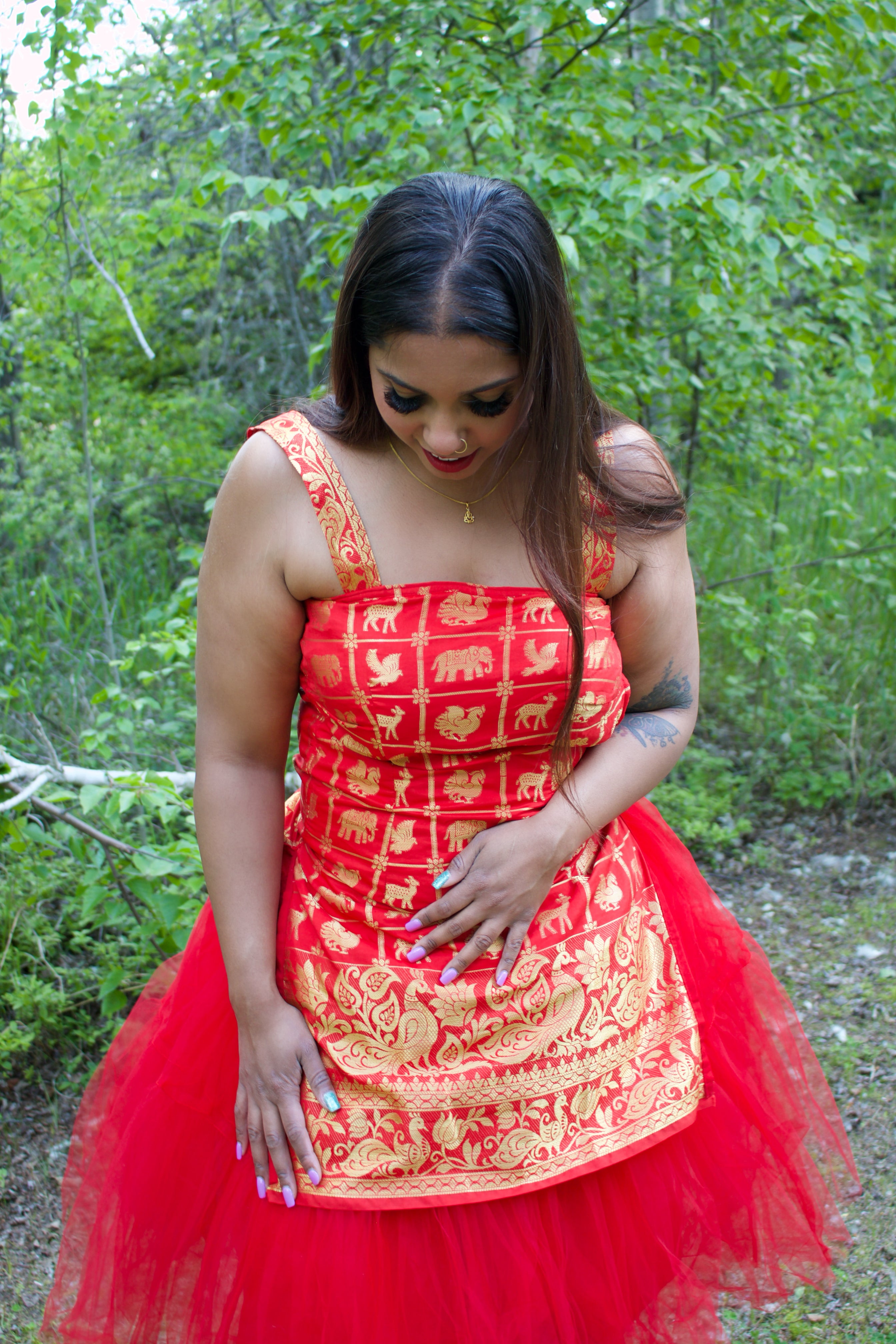 Golden Red Animals Above Knee Tulle Dress