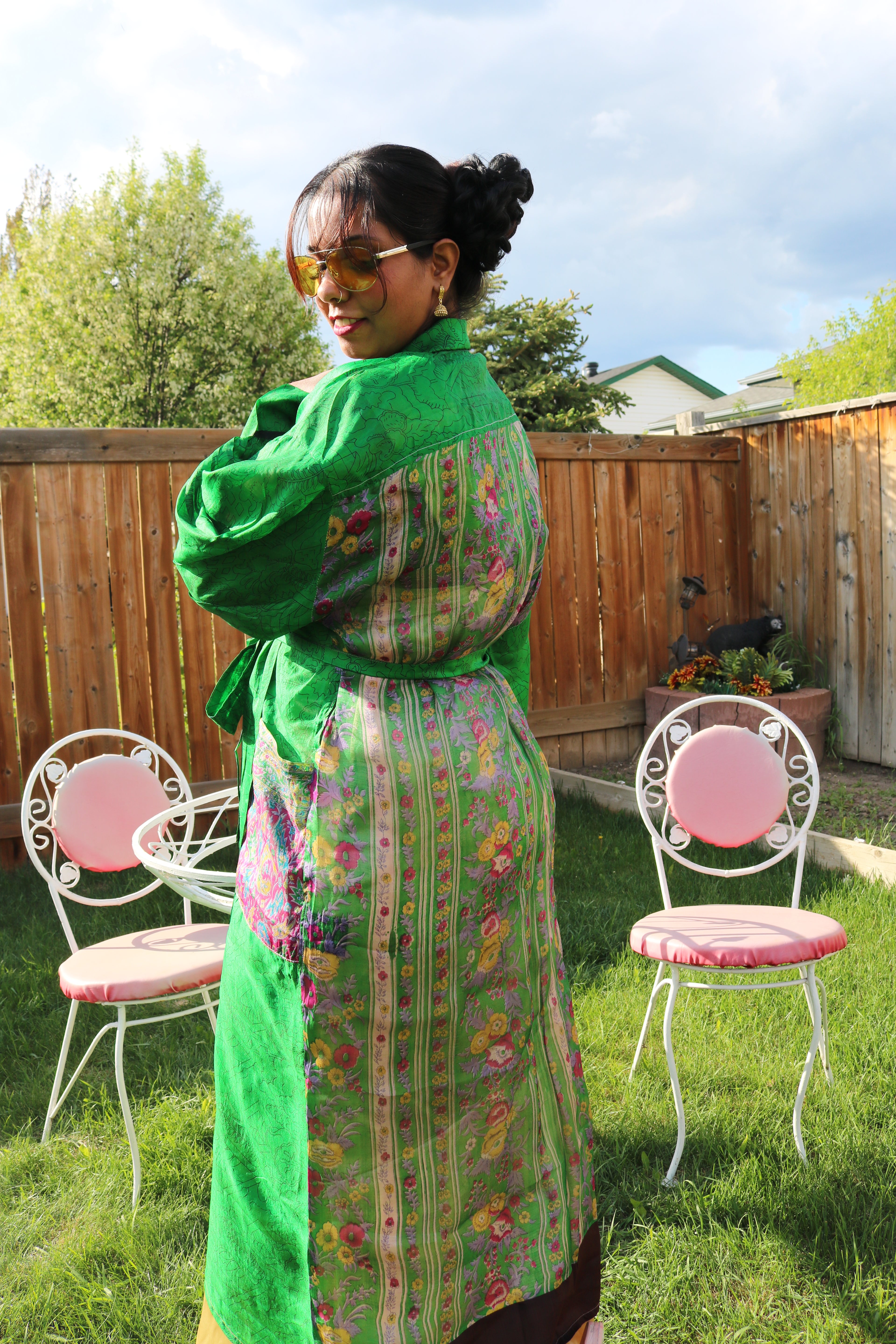 Meadow Whisper Silk Saree Kimono Robe