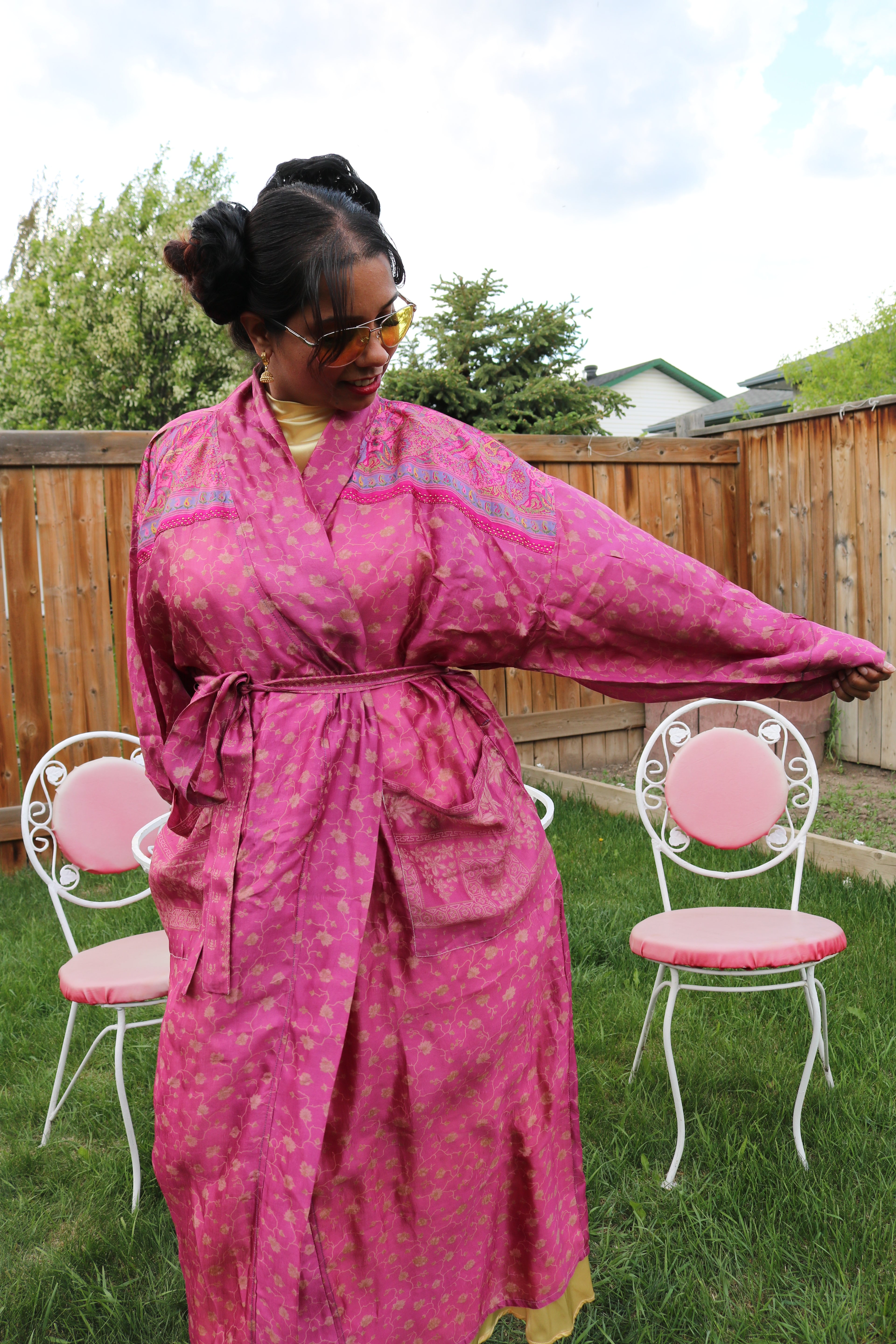 Pink Blossoms Silk Saree Kimono Robe