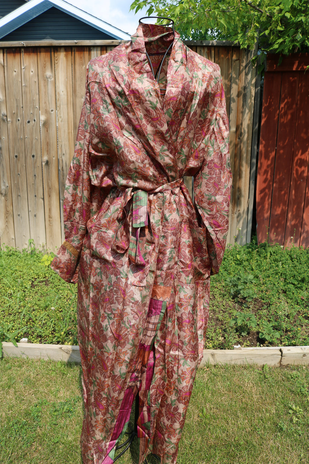 Earthy Bloom Silk Saree Kimono Robe
