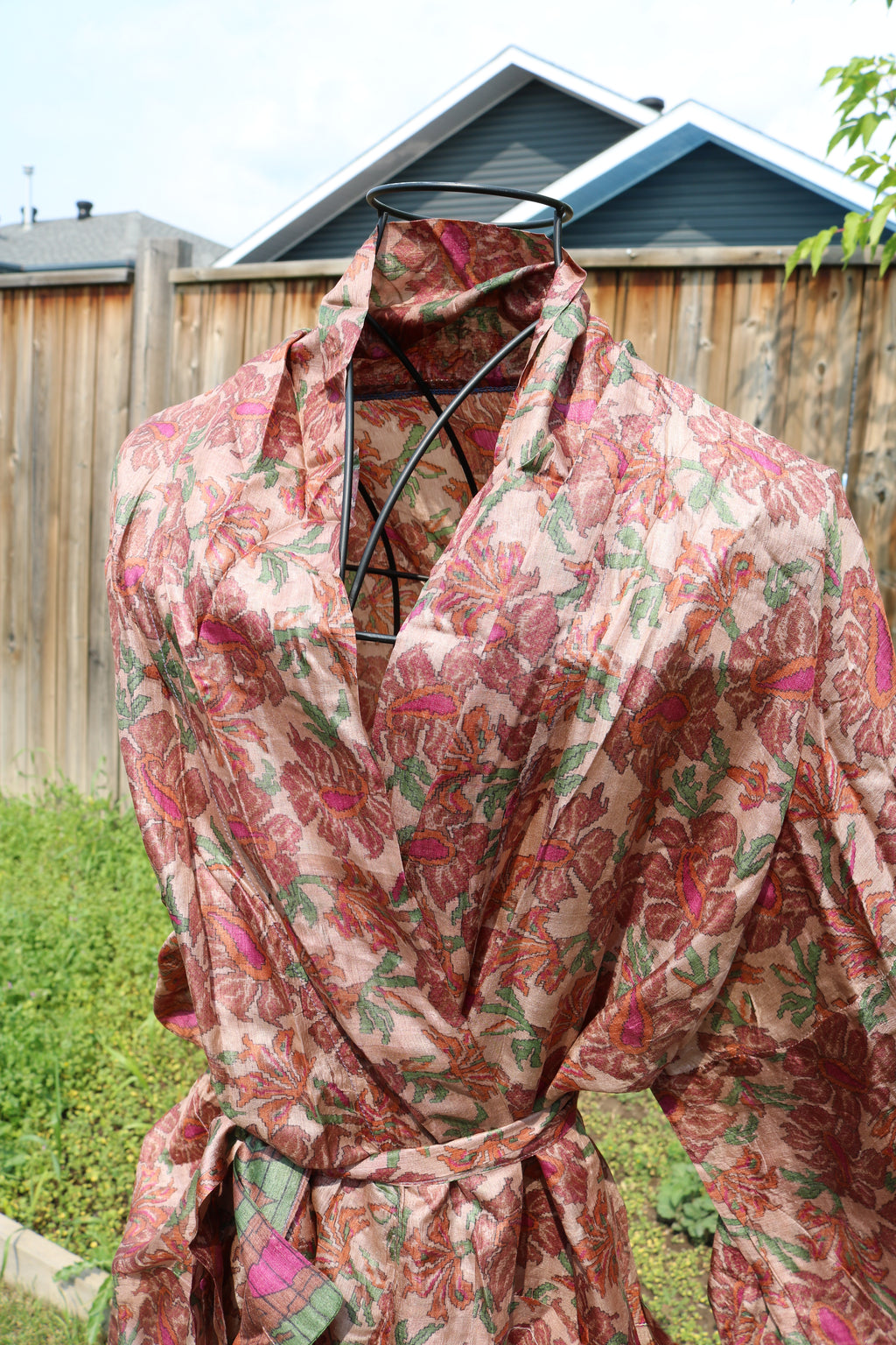 Earthy Bloom Silk Saree Kimono Robe