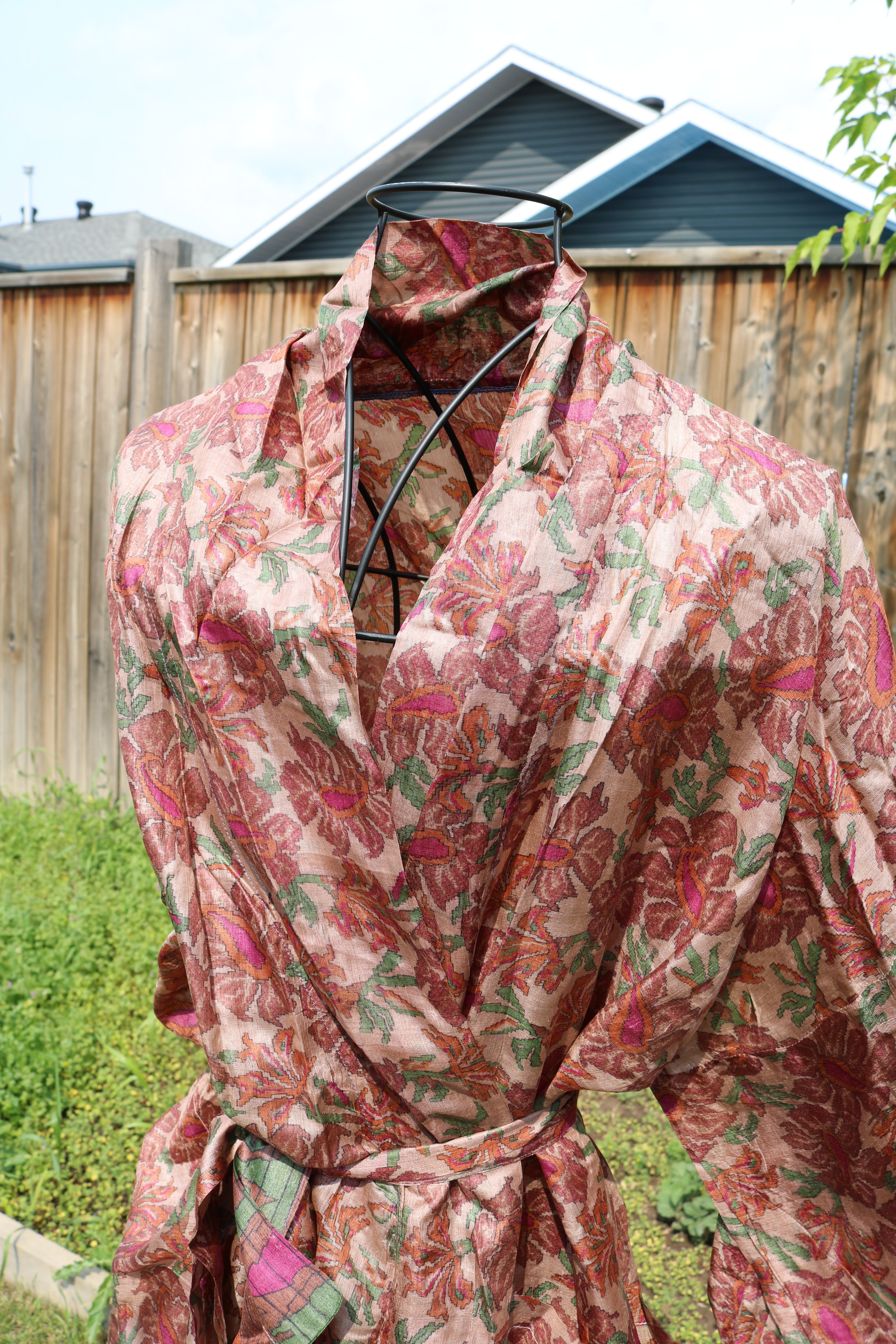 Earthy Bloom Silk Saree Kimono Robe