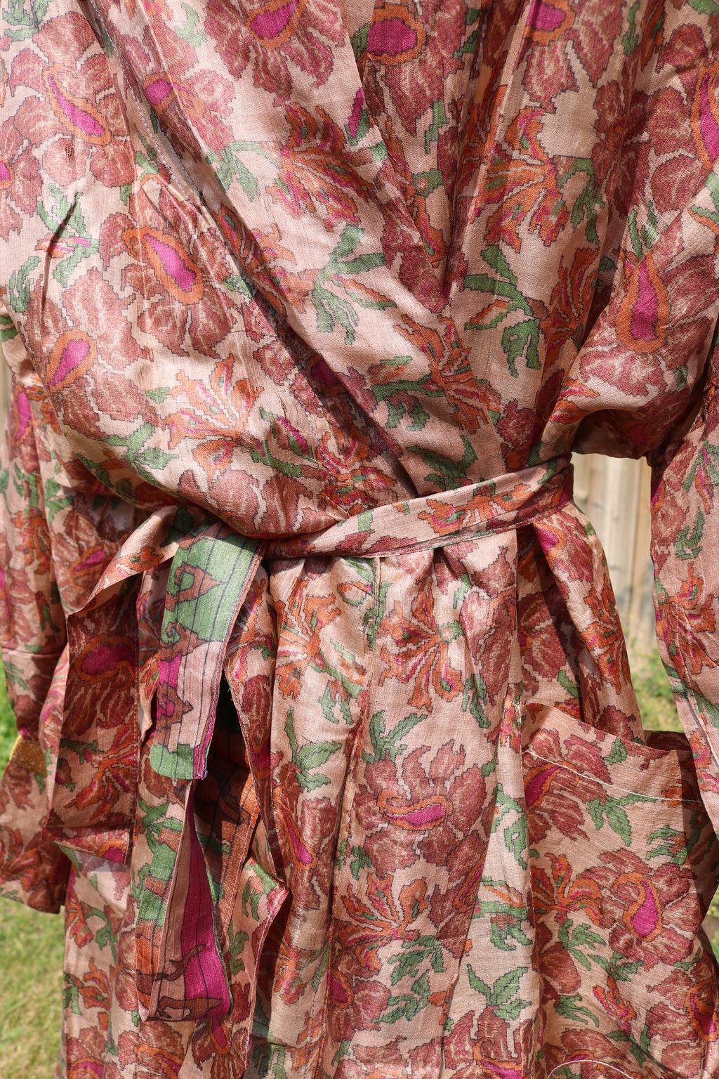 Earthy Bloom Silk Saree Kimono Robe