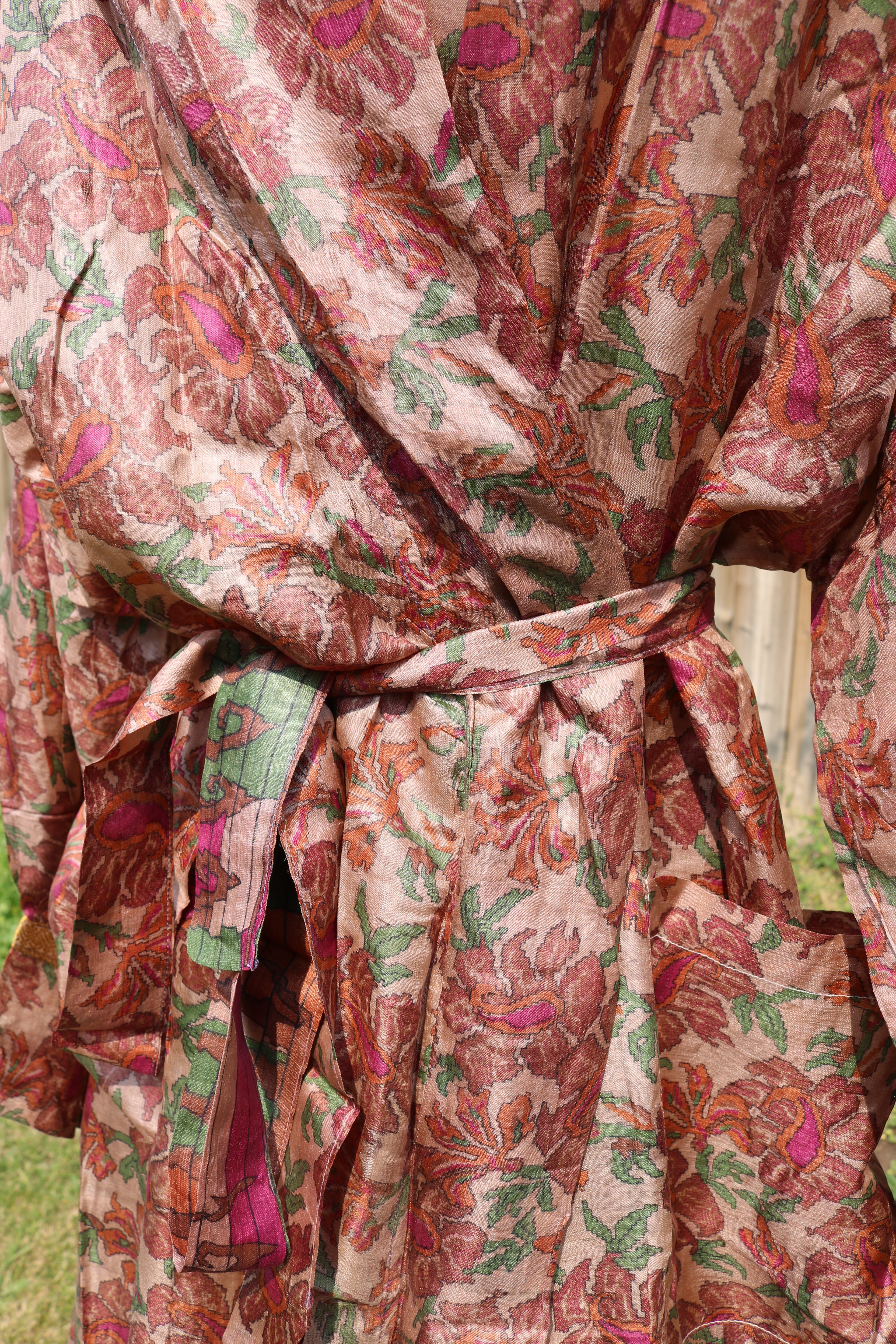 Earthy Bloom Silk Saree Kimono Robe