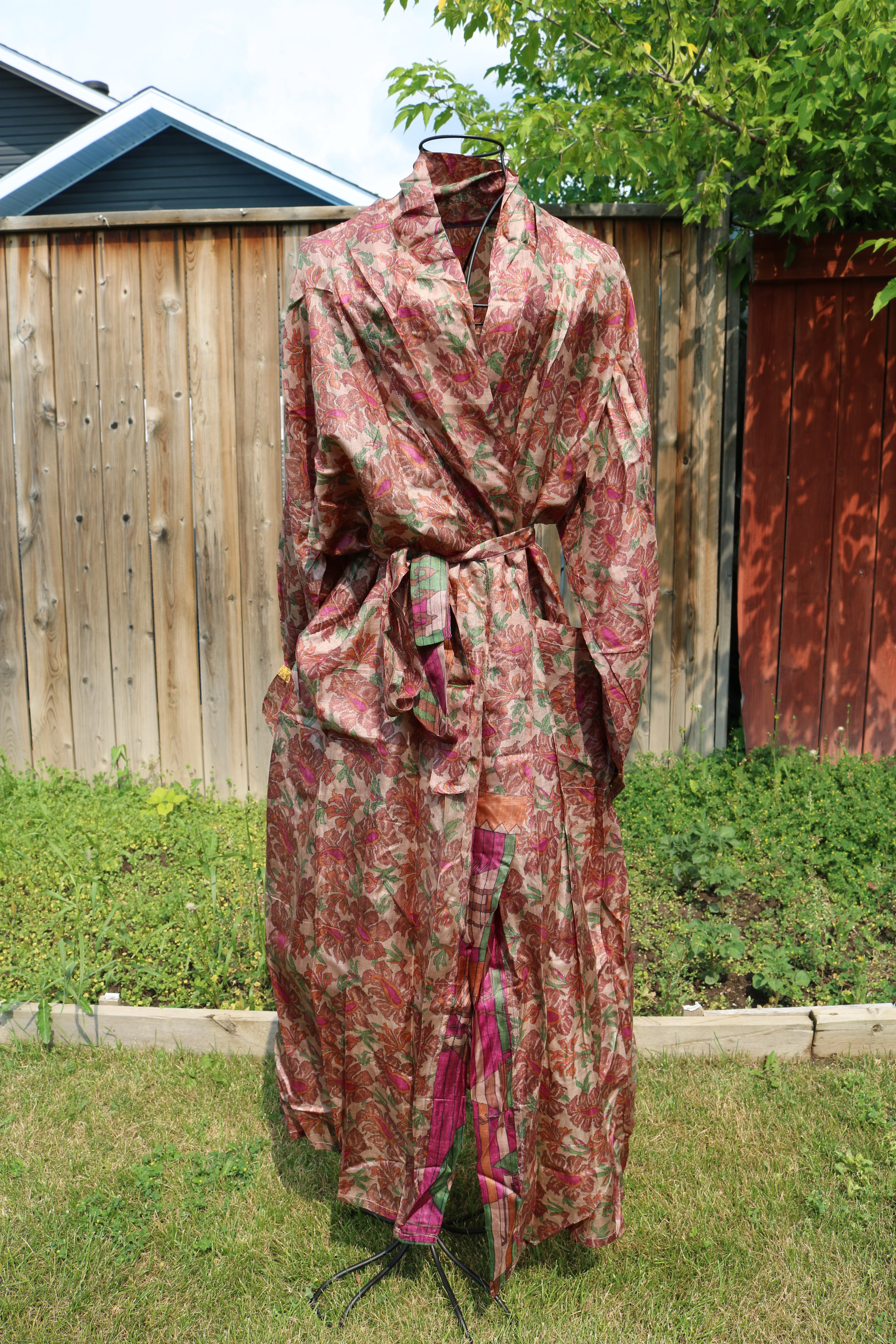 Earthy Bloom Silk Saree Kimono Robe