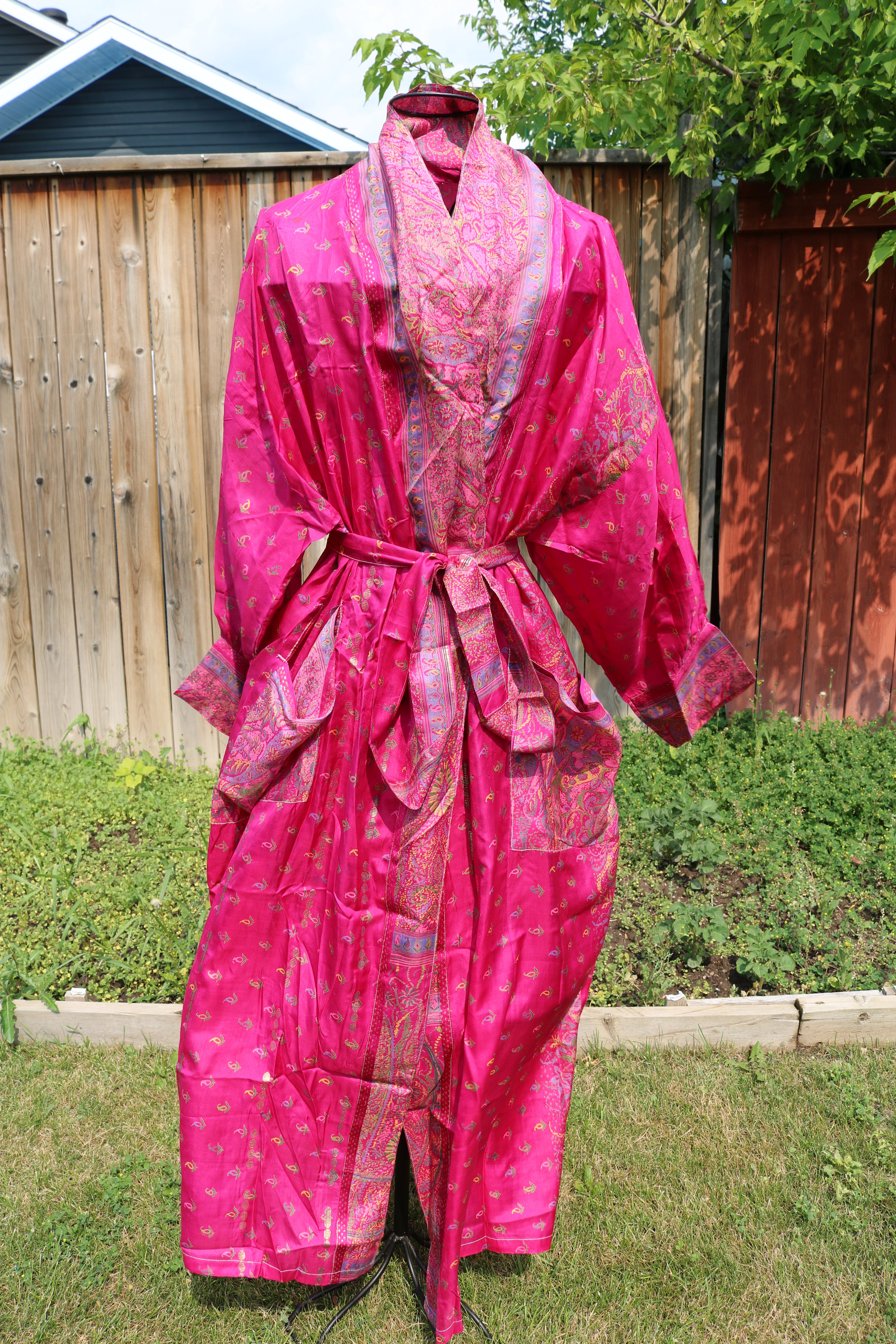 Berry Blush Silk Saree Kimono Robe
