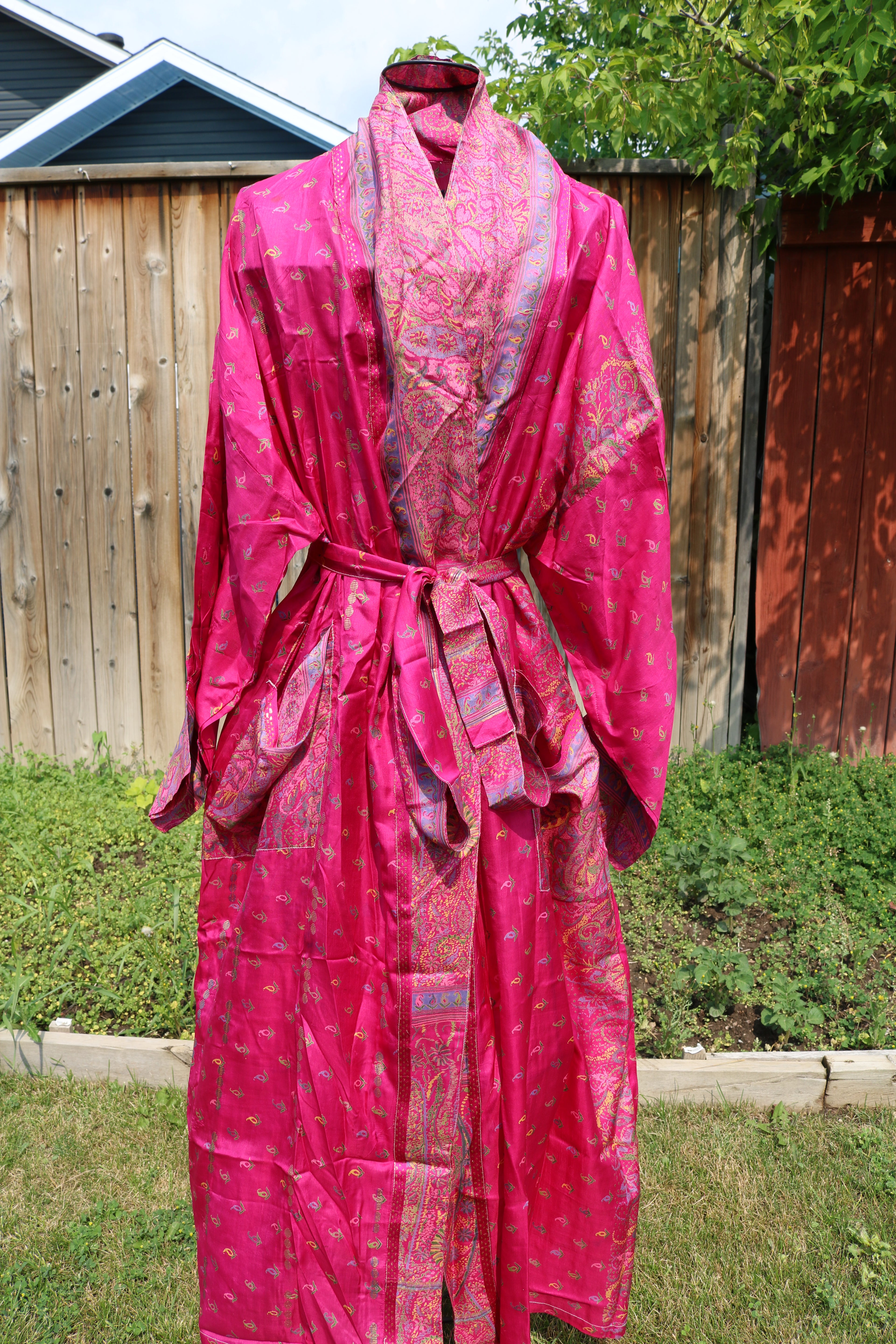 Berry Blush Silk Saree Kimono Robe