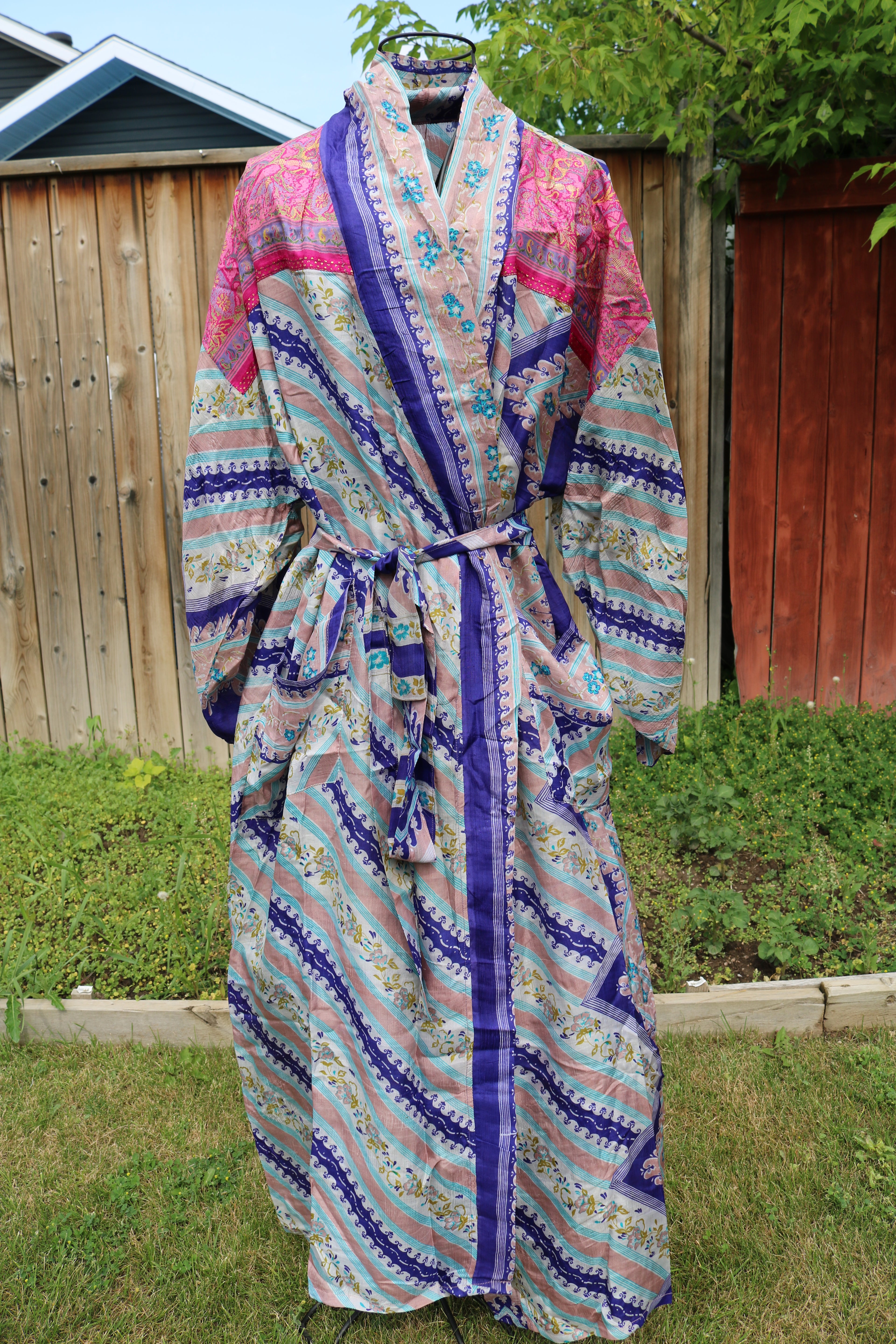 Abstract Harmony Silk Saree Kimono Robe