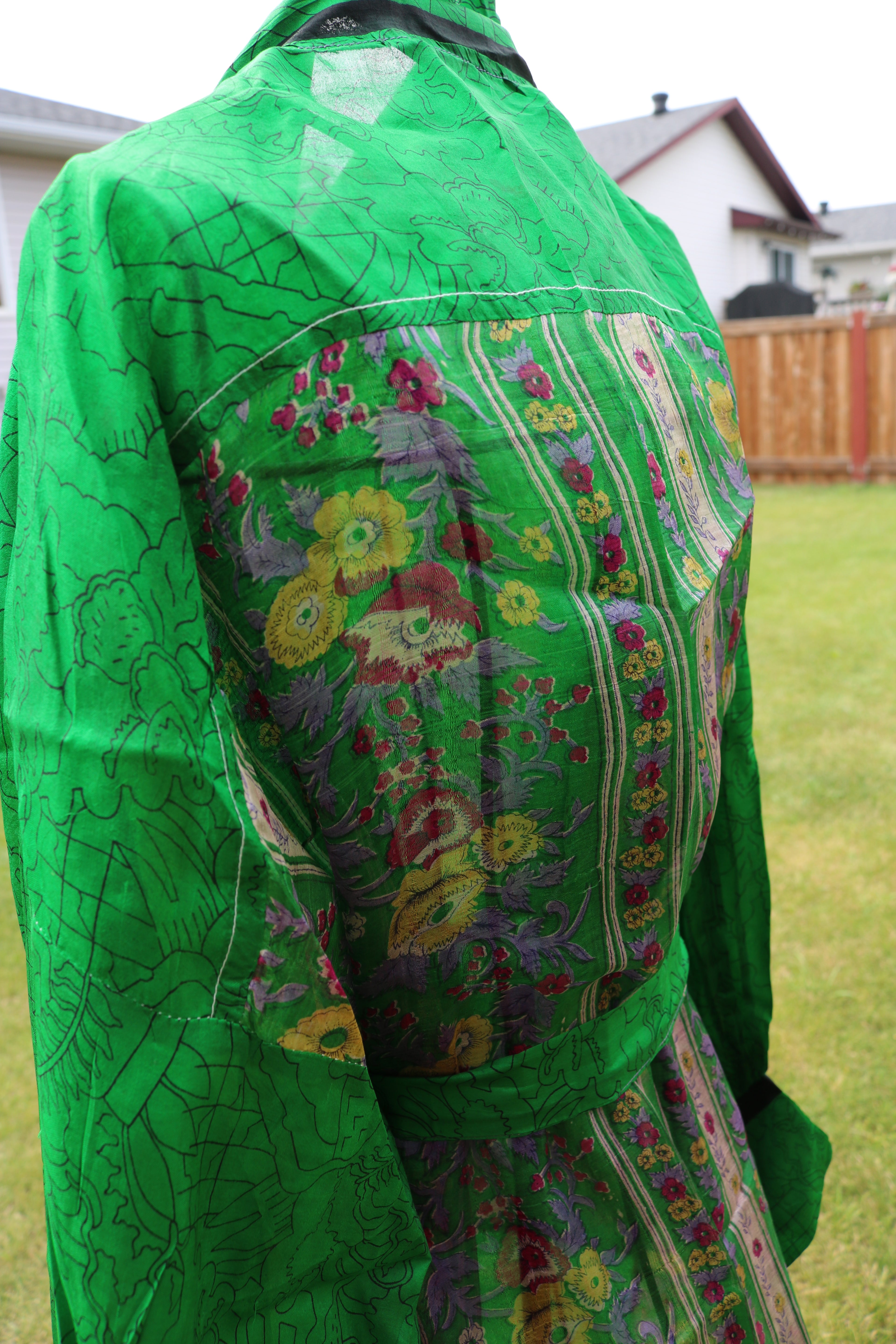 Meadow Whisper Silk Saree Kimono Robe