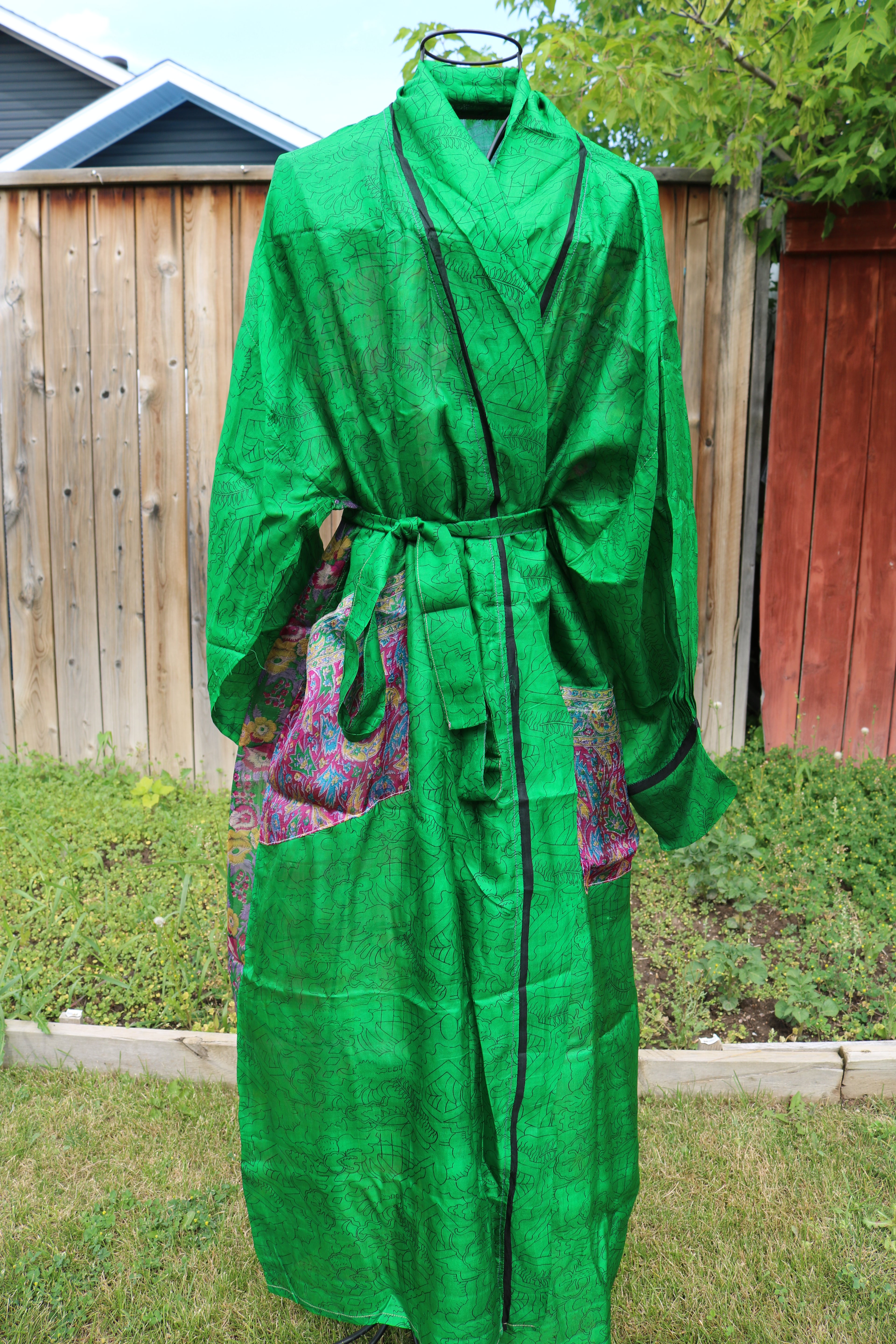 Meadow Whisper Silk Saree Kimono Robe