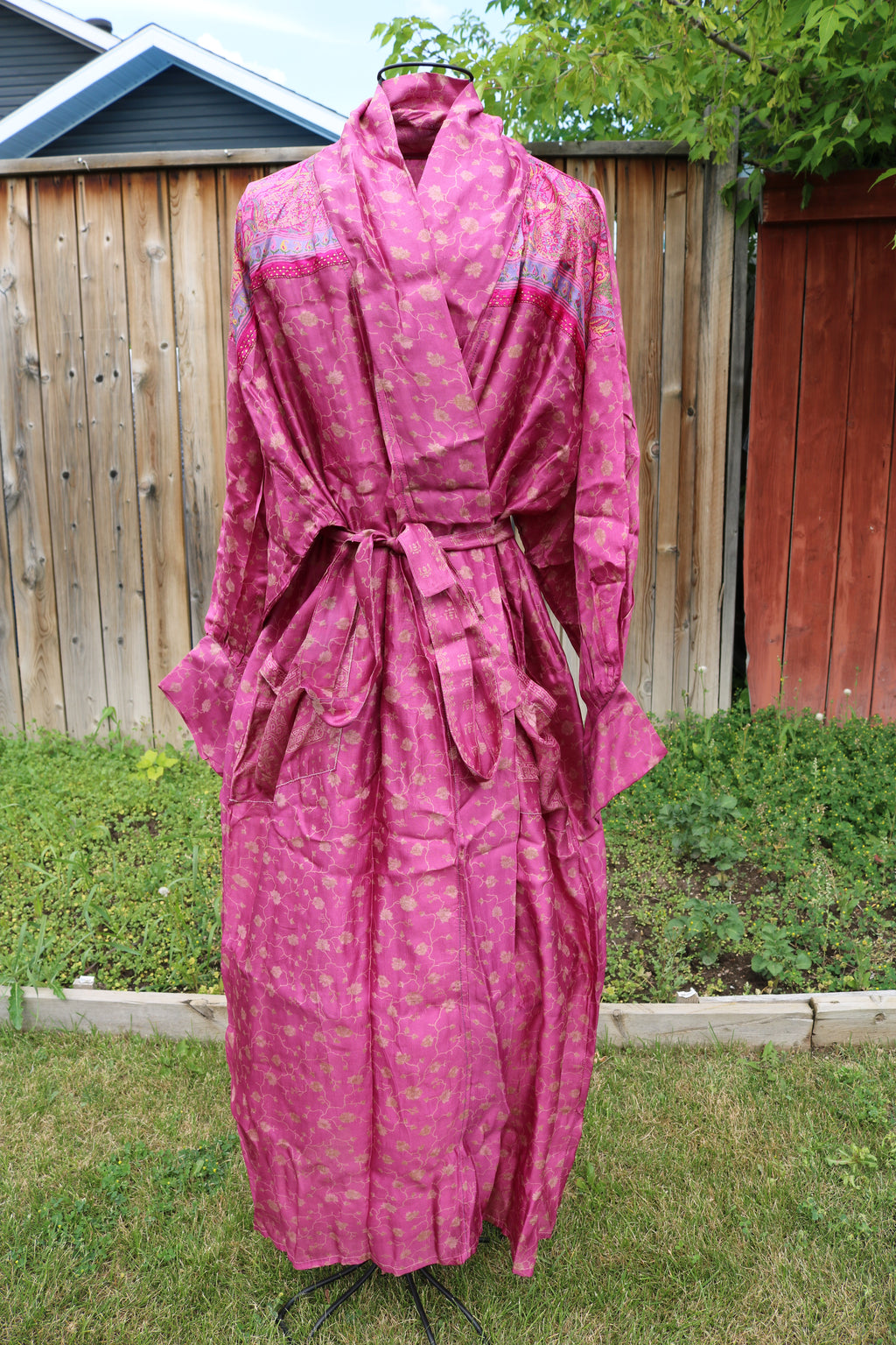 Pink Blossoms Silk Saree Kimono Robe