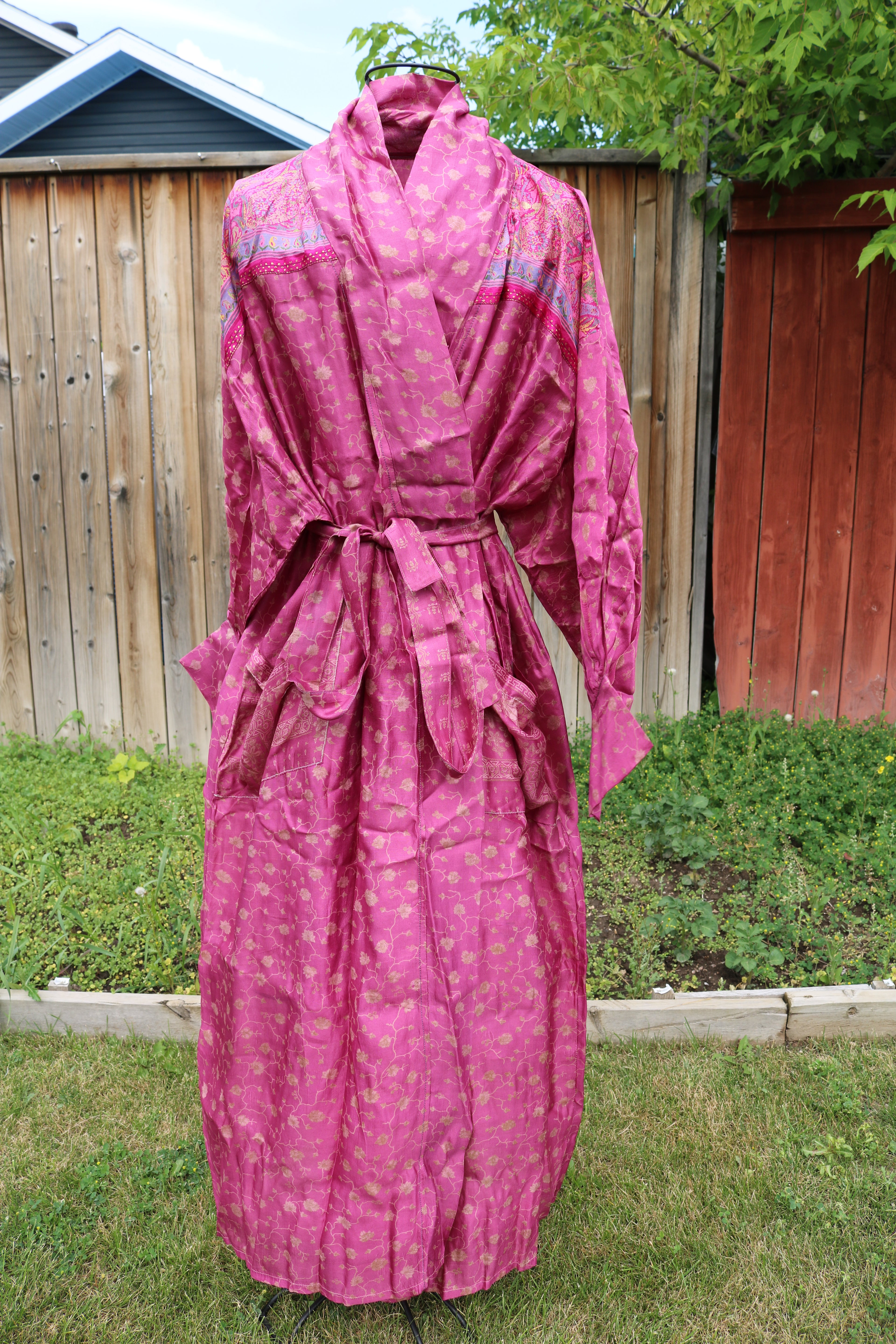 Pink Blossoms Silk Saree Kimono Robe