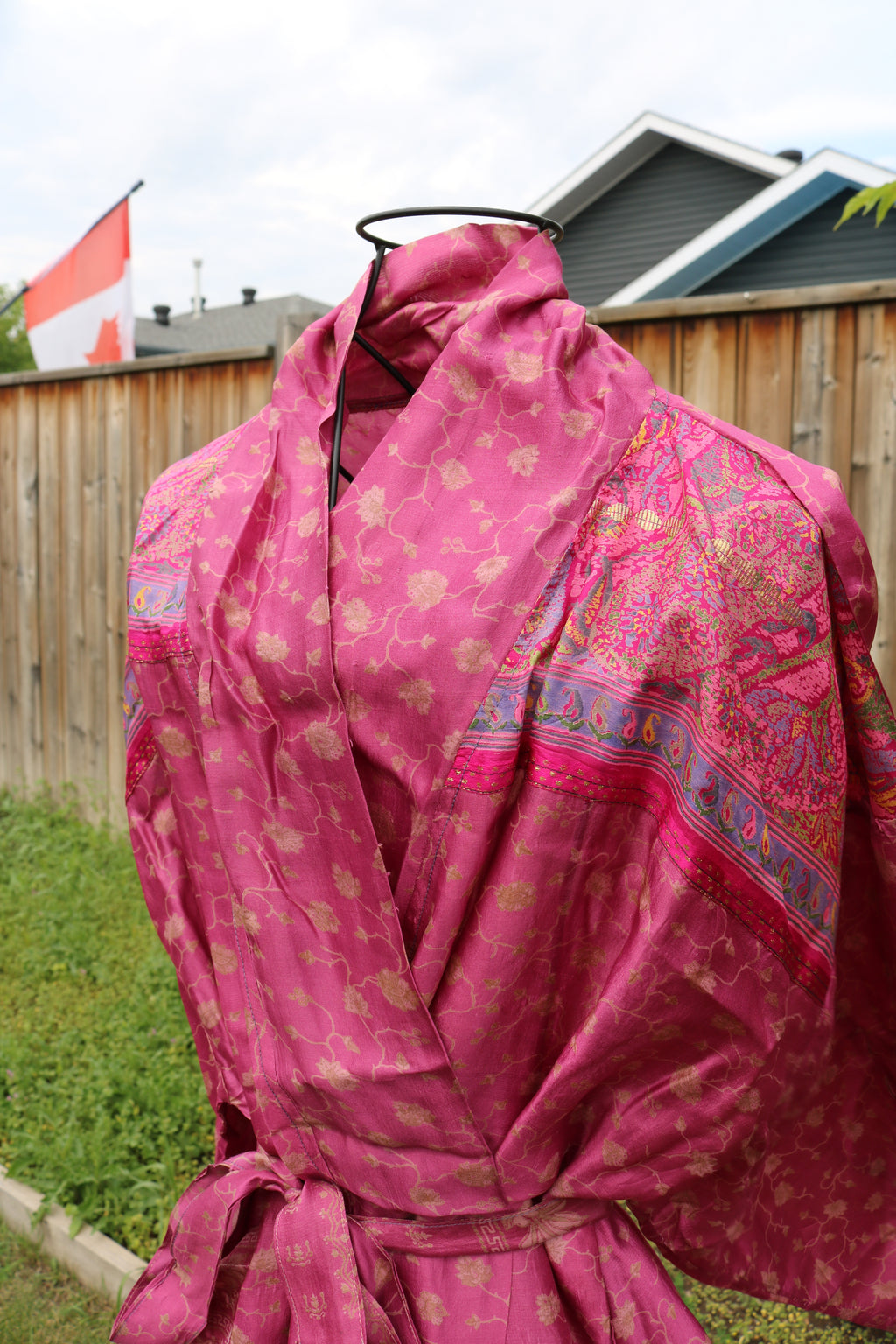 Pink Blossoms Silk Saree Kimono Robe