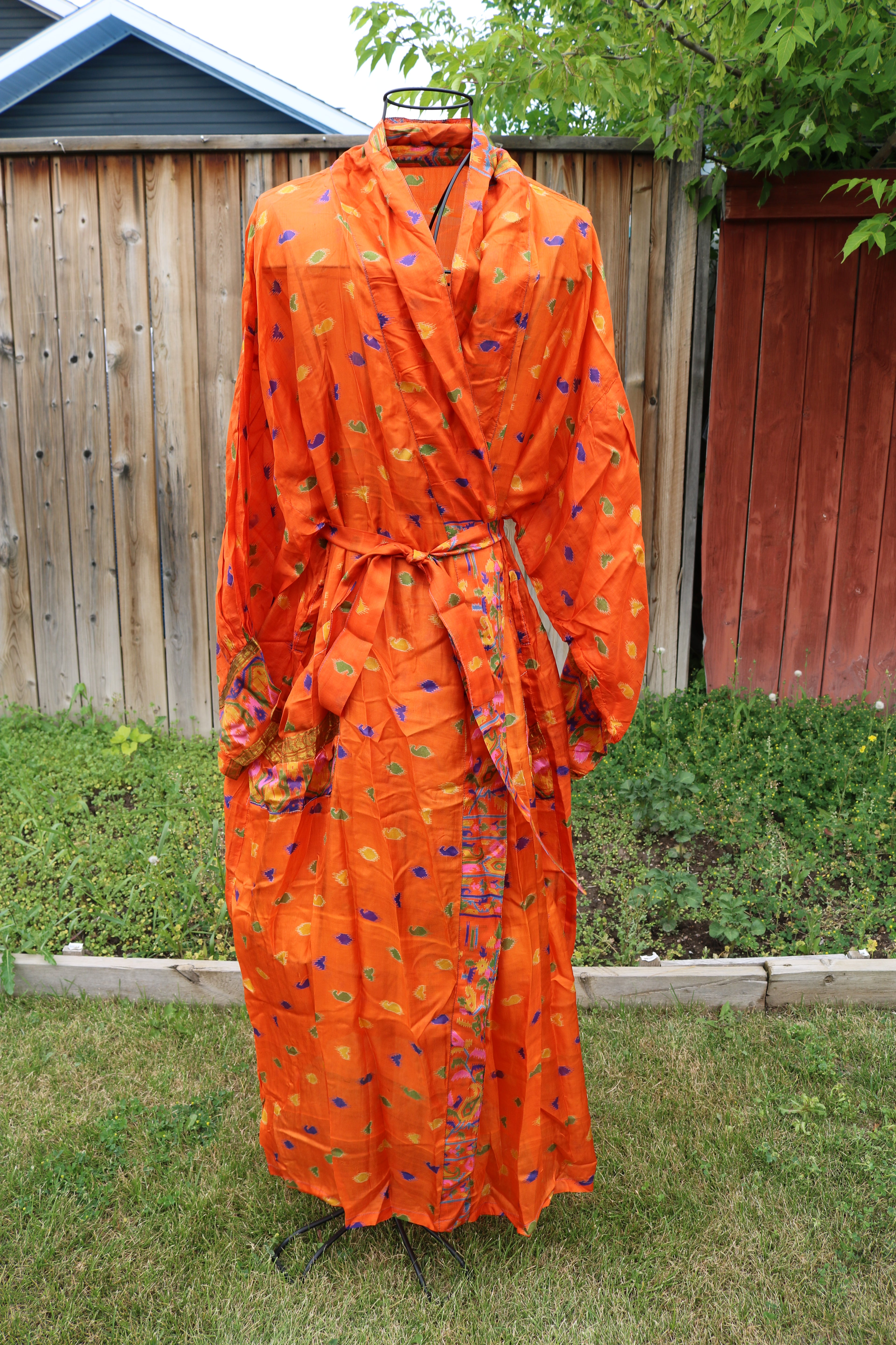 Saffron Ember Silk Saree Kimono Robe