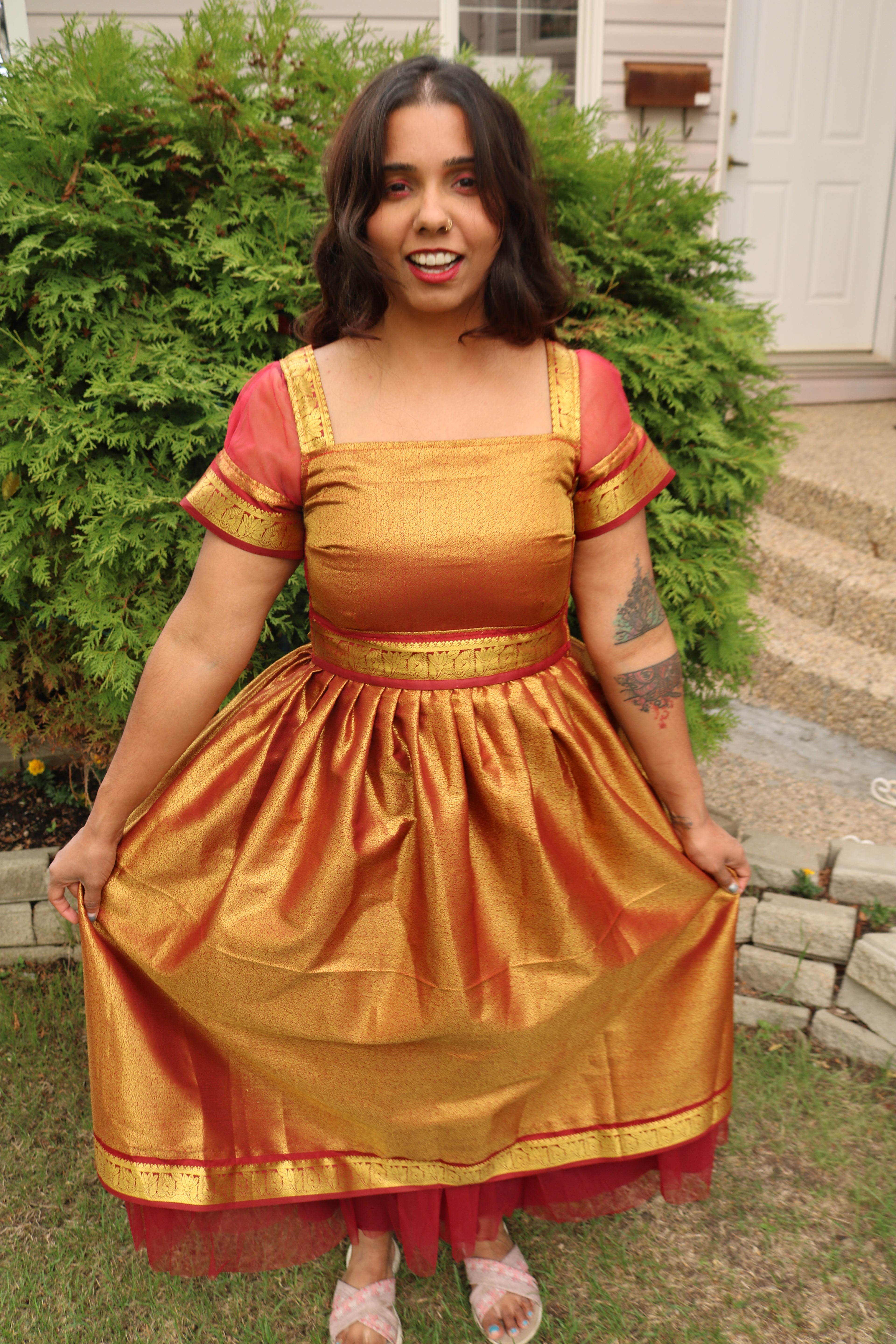 Goddess in Red and Gold Knee Length Dress