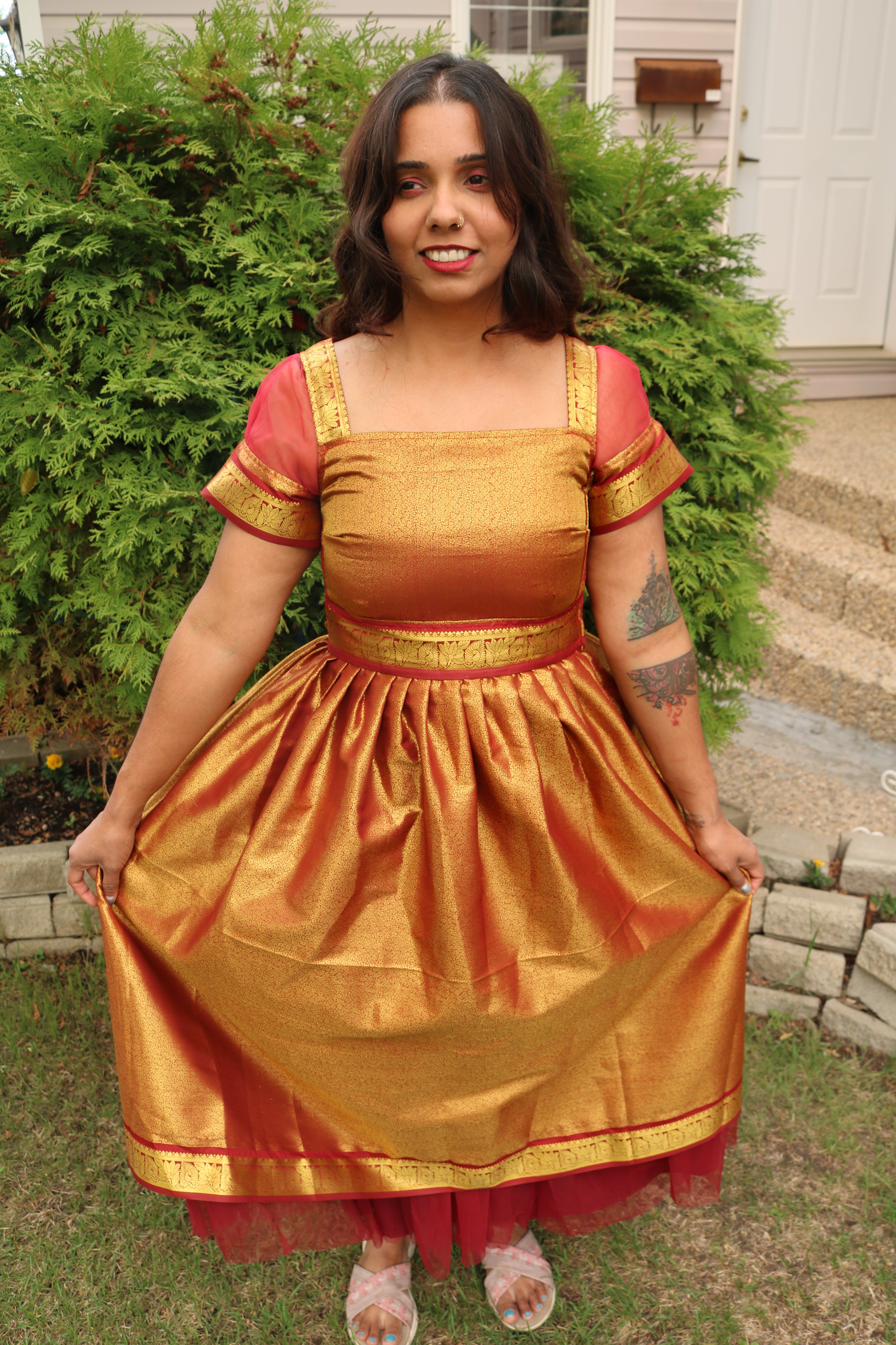 Goddess in Red and Gold Knee Length Dress