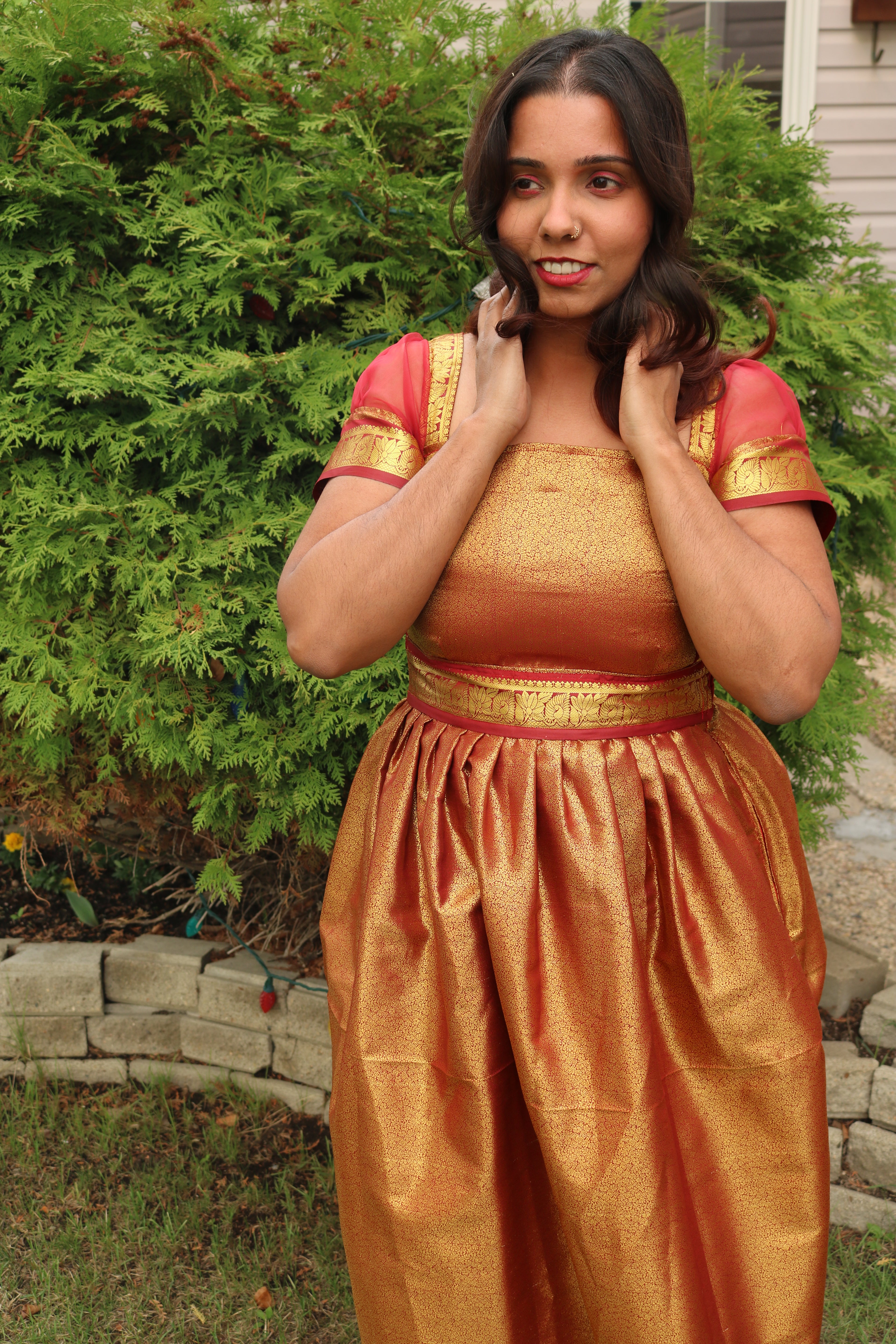 Goddess in Red and Gold Knee Length Dress