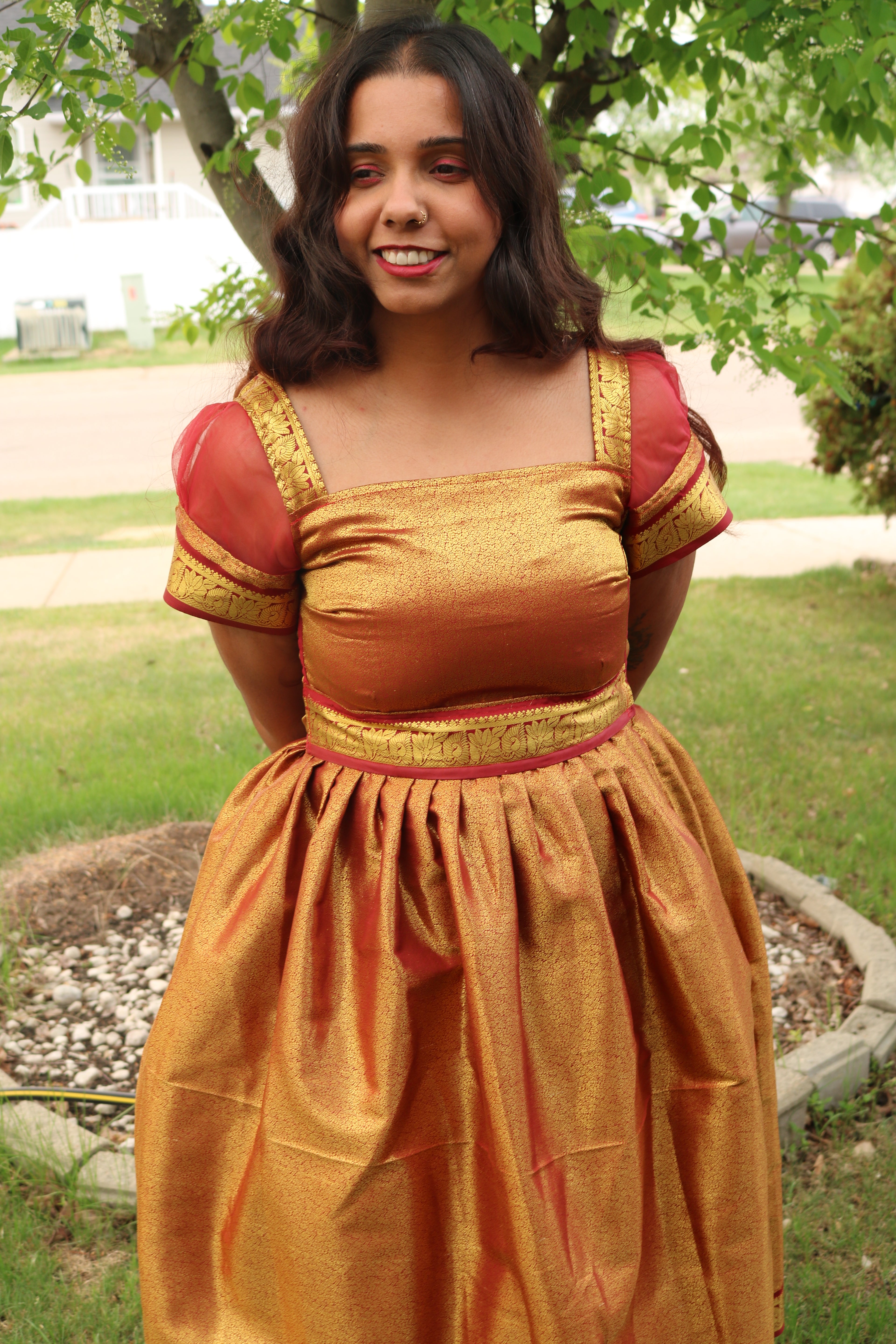 Goddess in Red and Gold Knee Length Dress