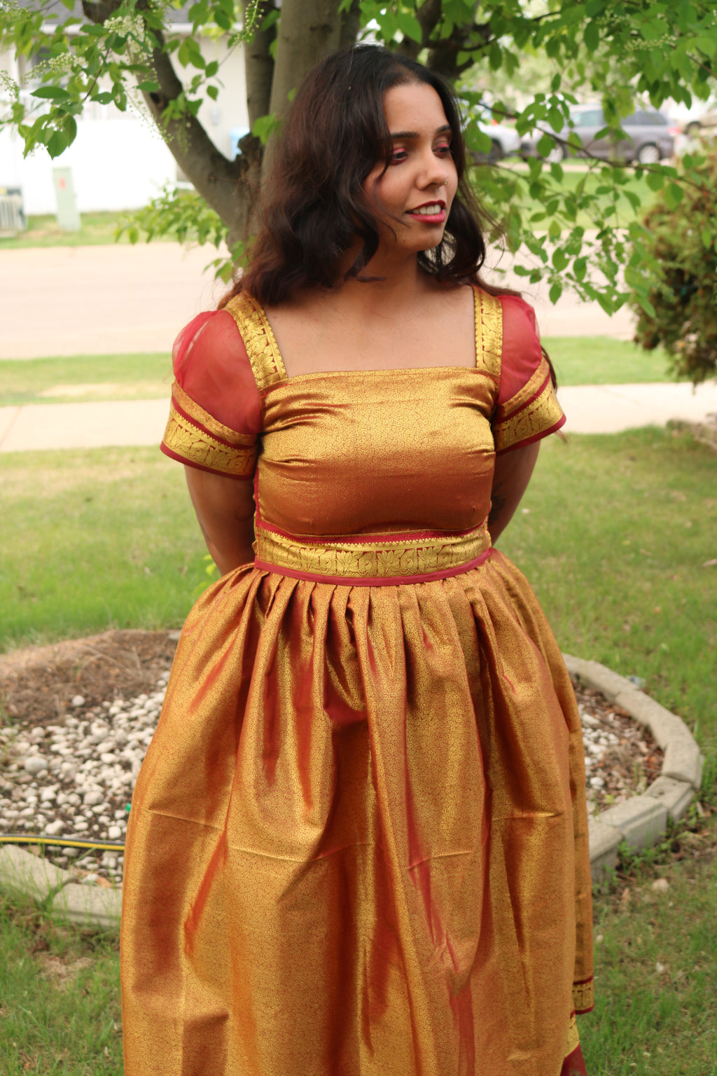 Goddess in Red and Gold Knee Length Dress