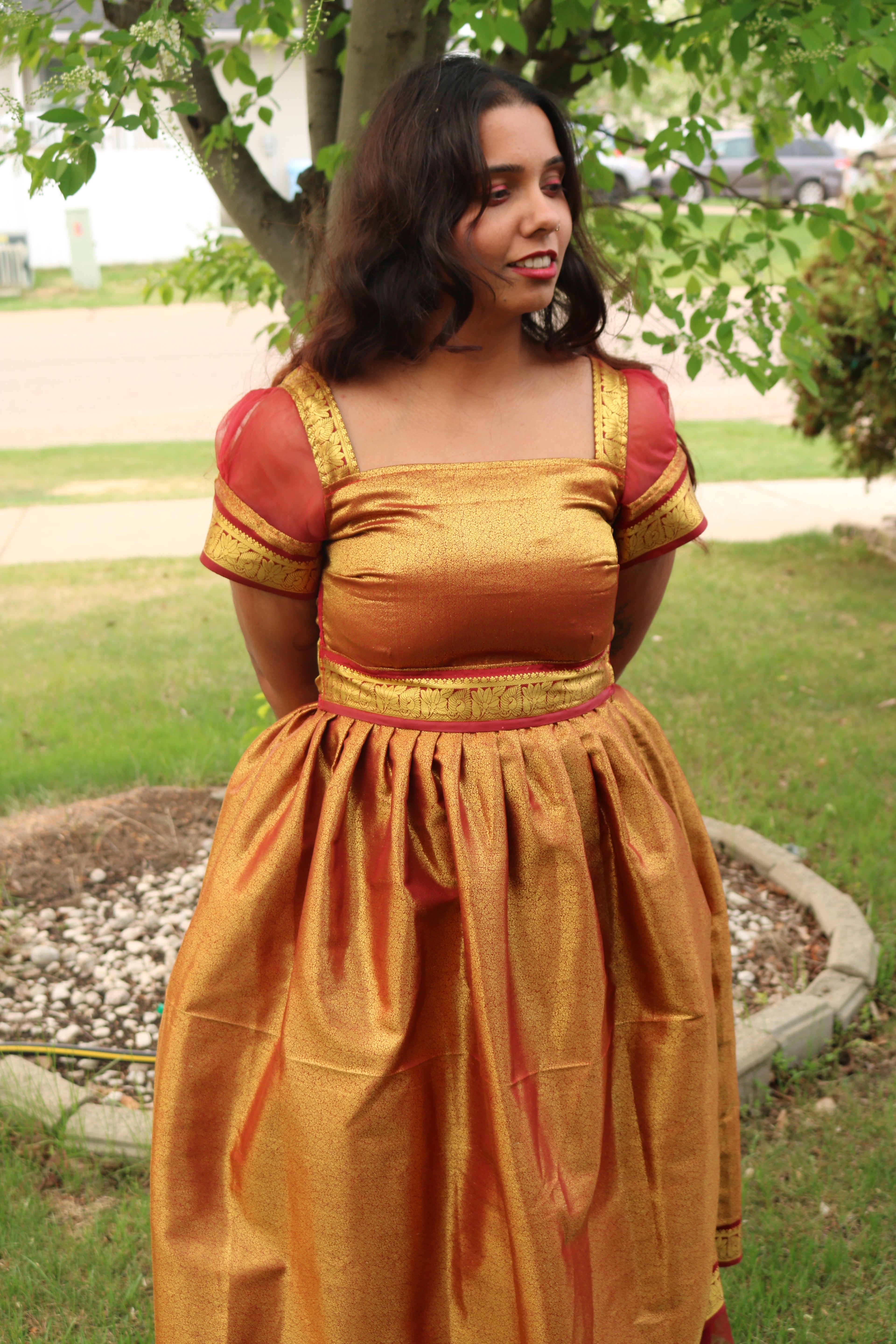 Goddess in Red and Gold Knee Length Dress