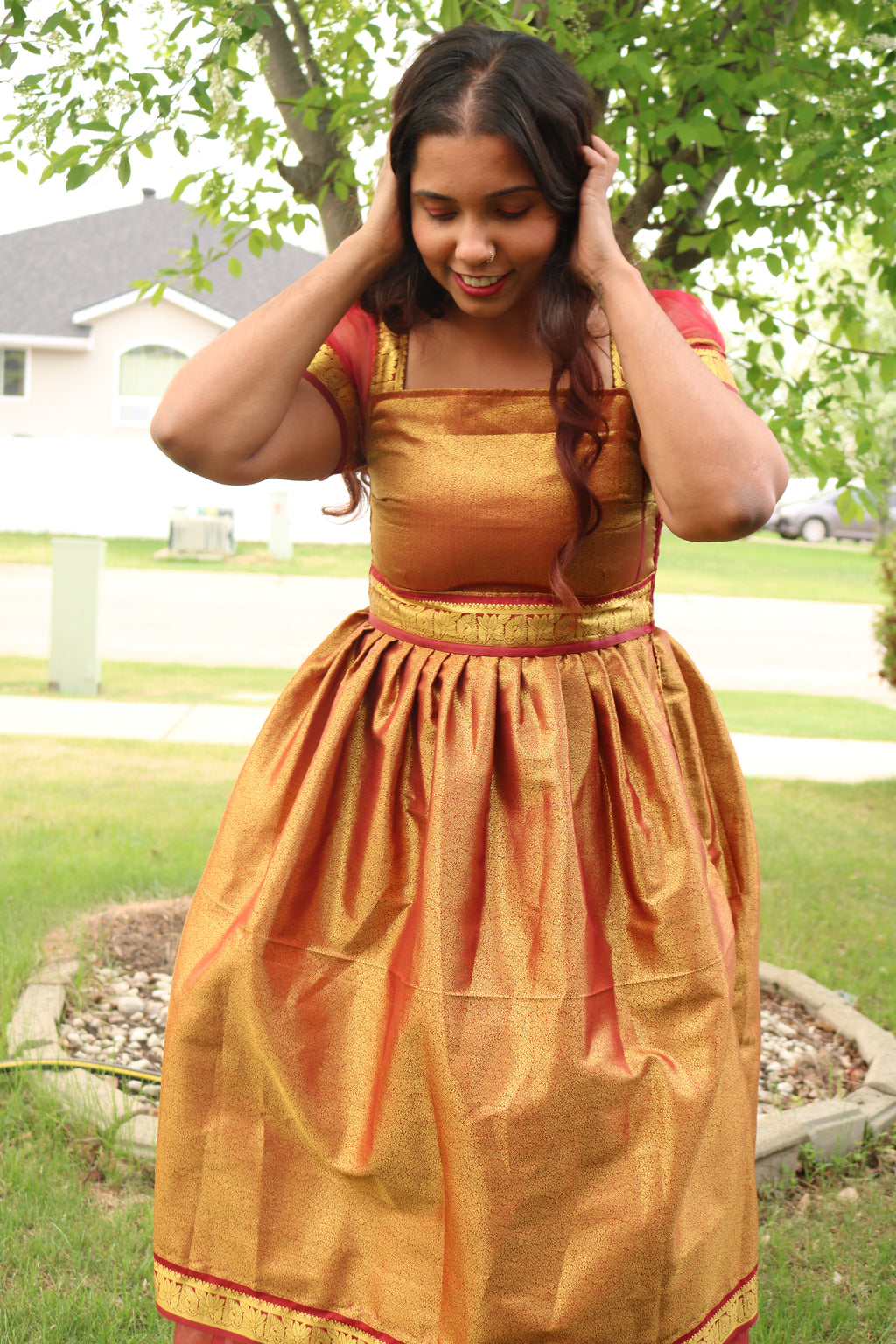 Goddess in Red and Gold Knee Length Dress