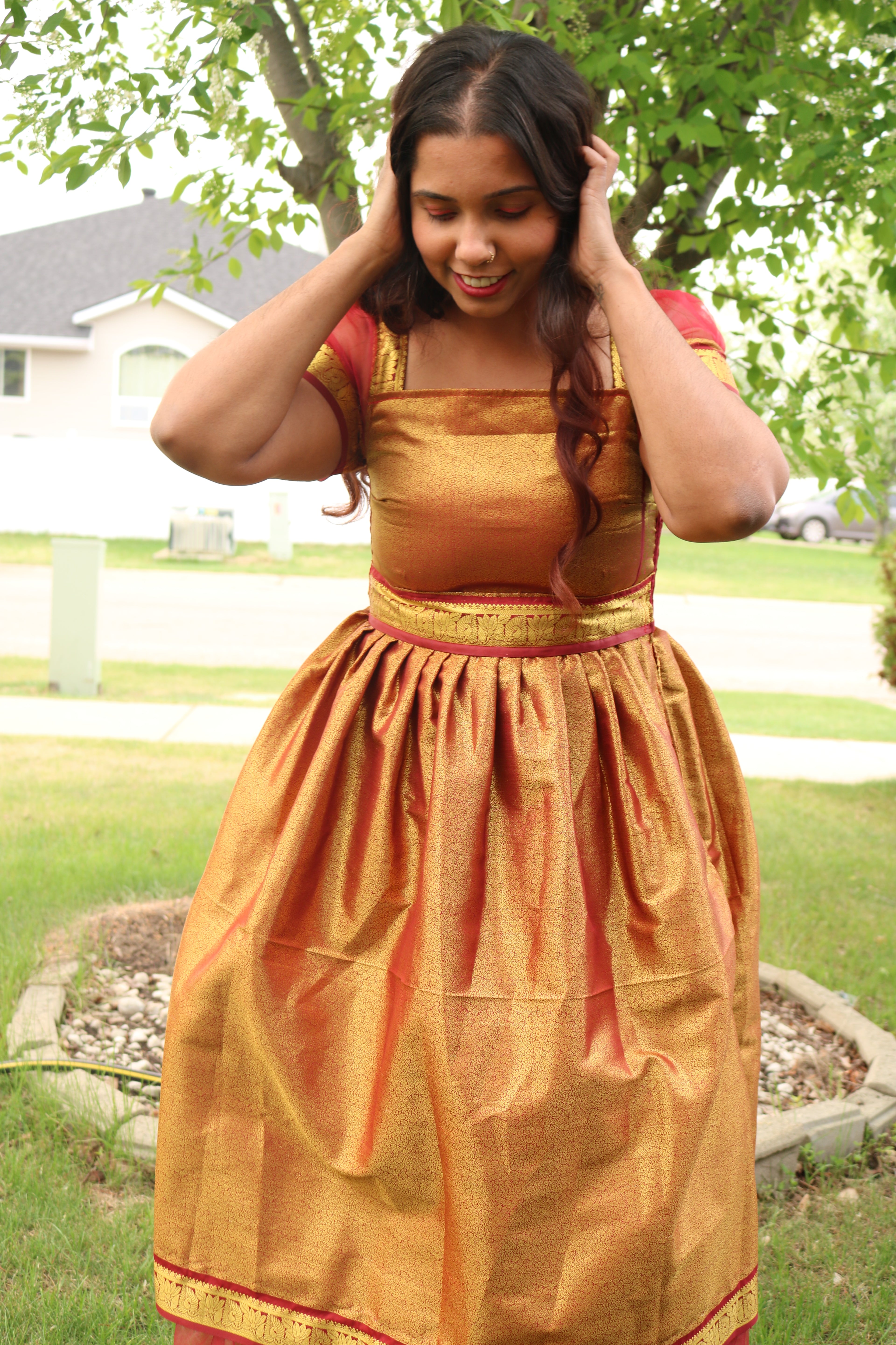 Goddess in Red and Gold Knee Length Dress
