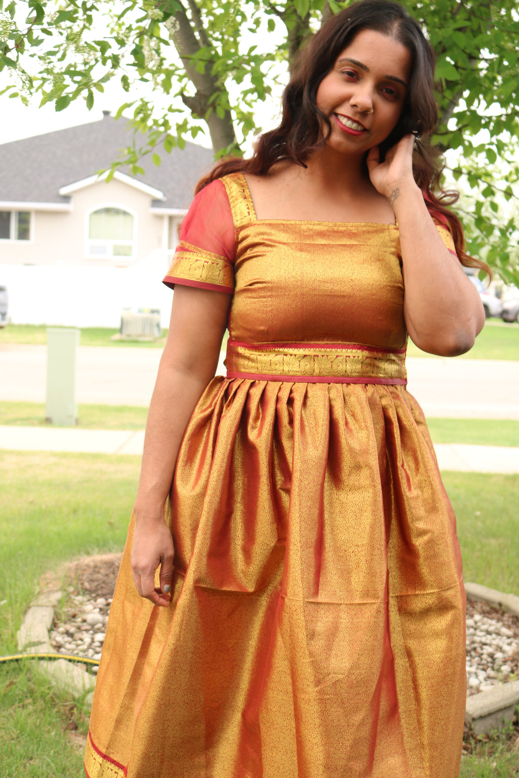 Goddess in Red and Gold Knee Length Dress
