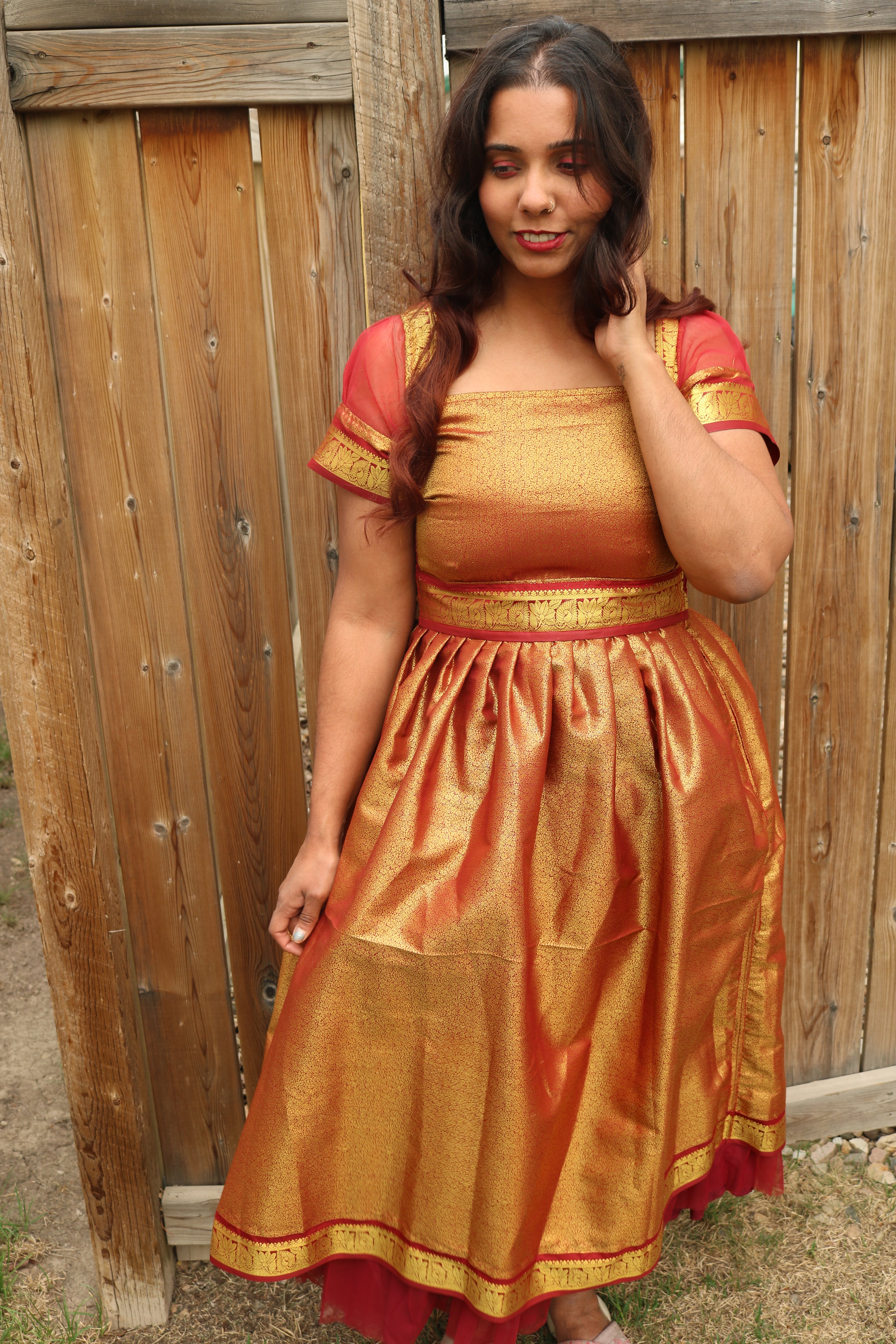 Goddess in Red and Gold Knee Length Dress