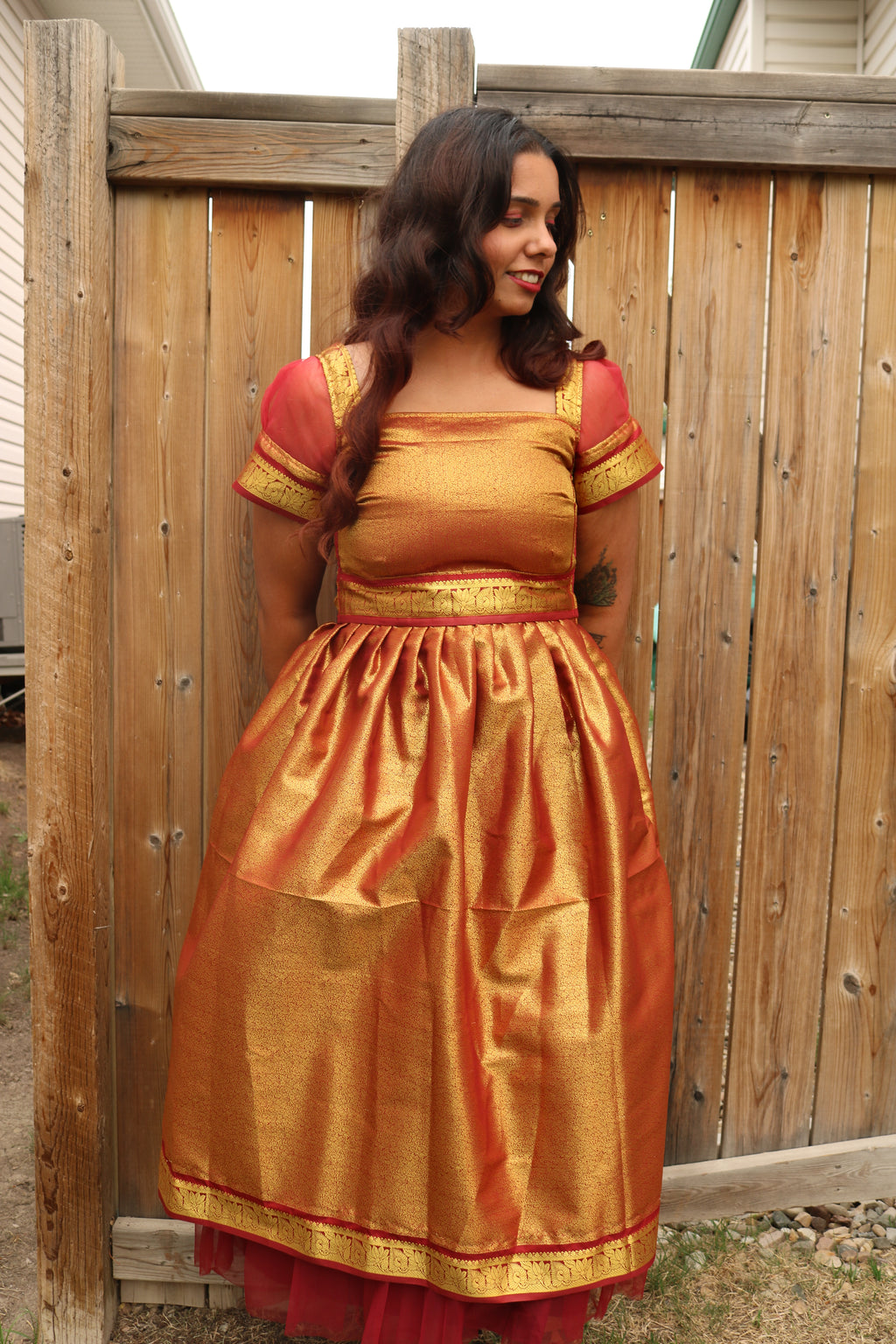 Goddess in Red and Gold Knee Length Dress