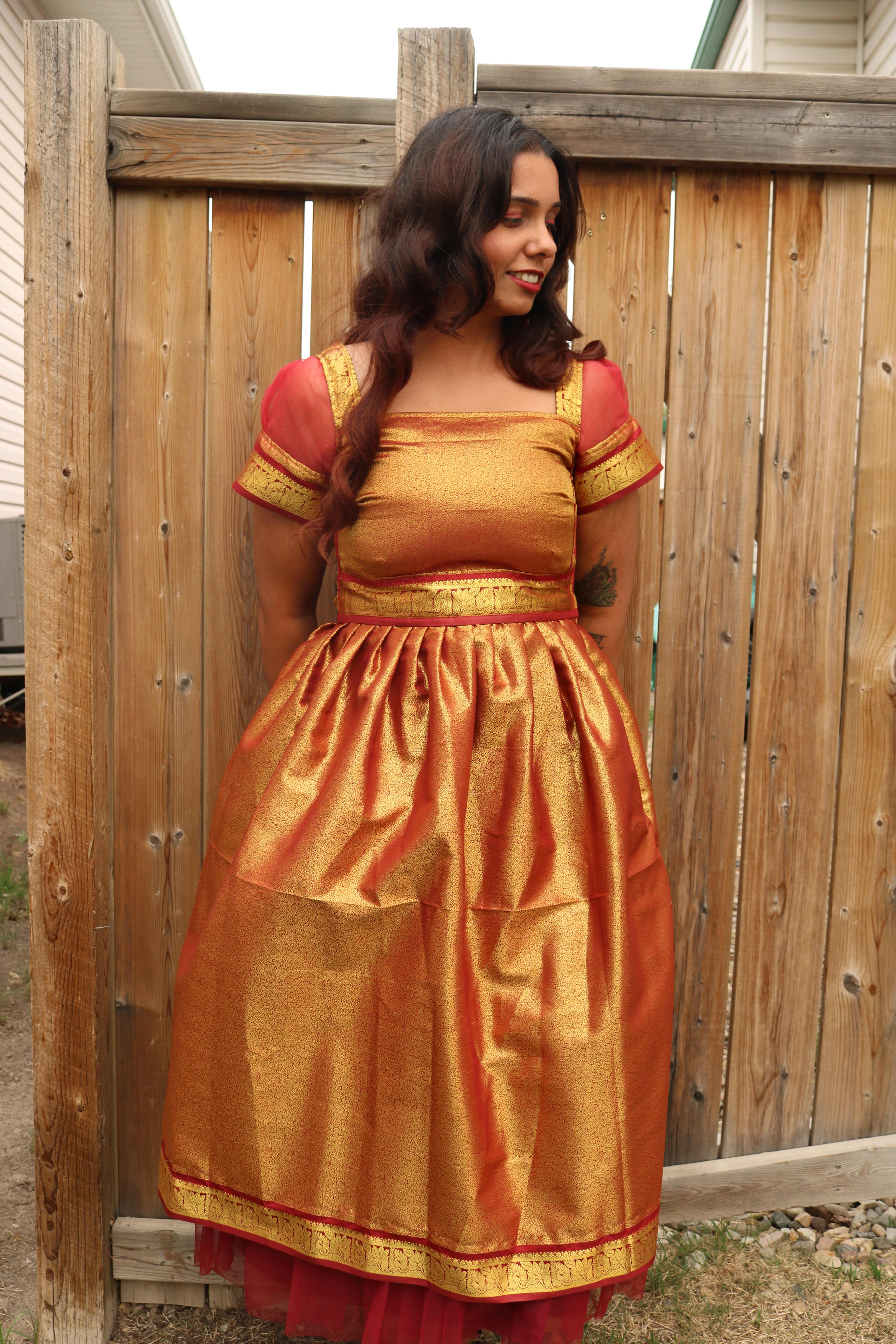Goddess in Red and Gold Knee Length Dress