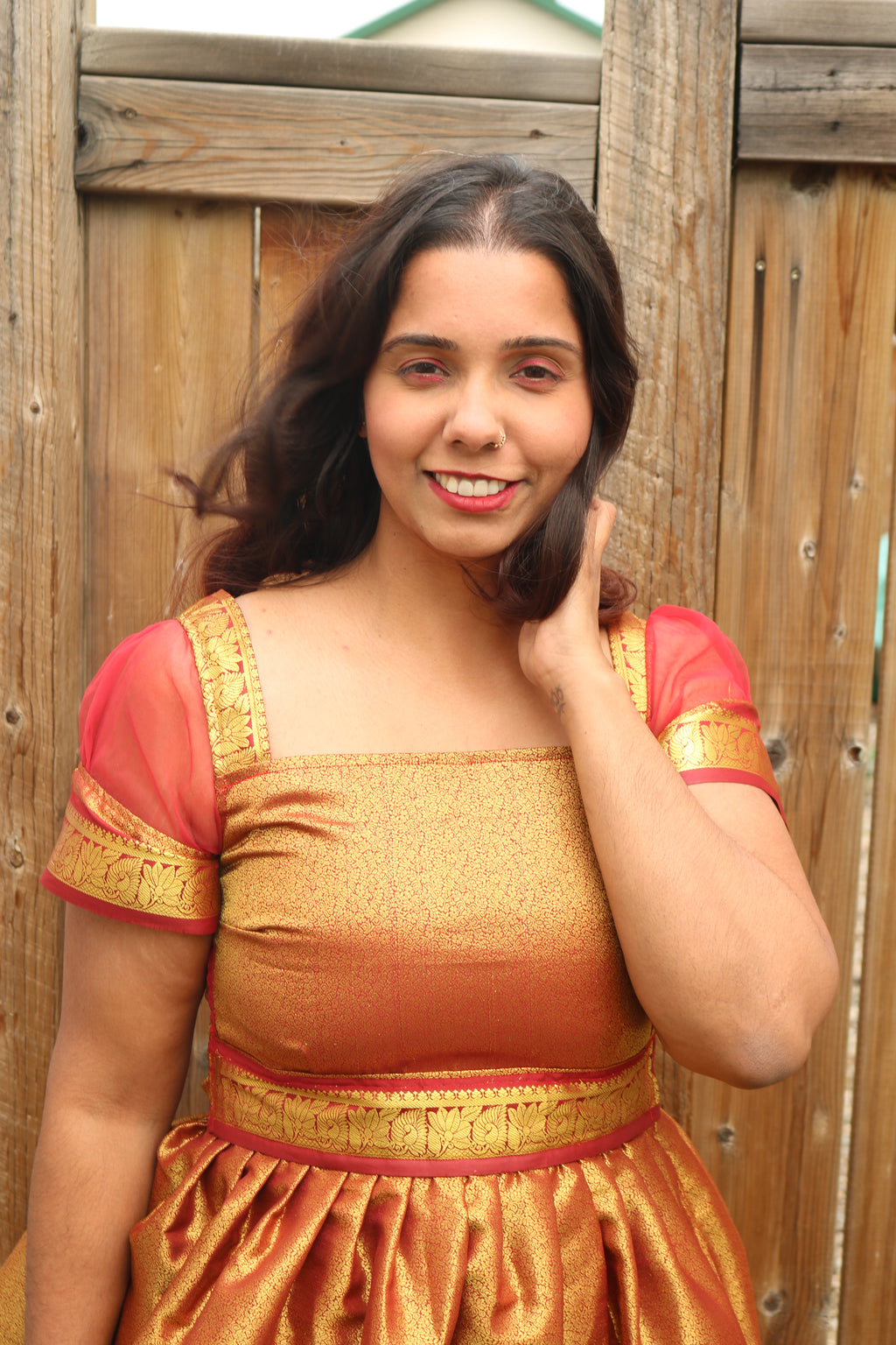 Goddess in Red and Gold Knee Length Dress