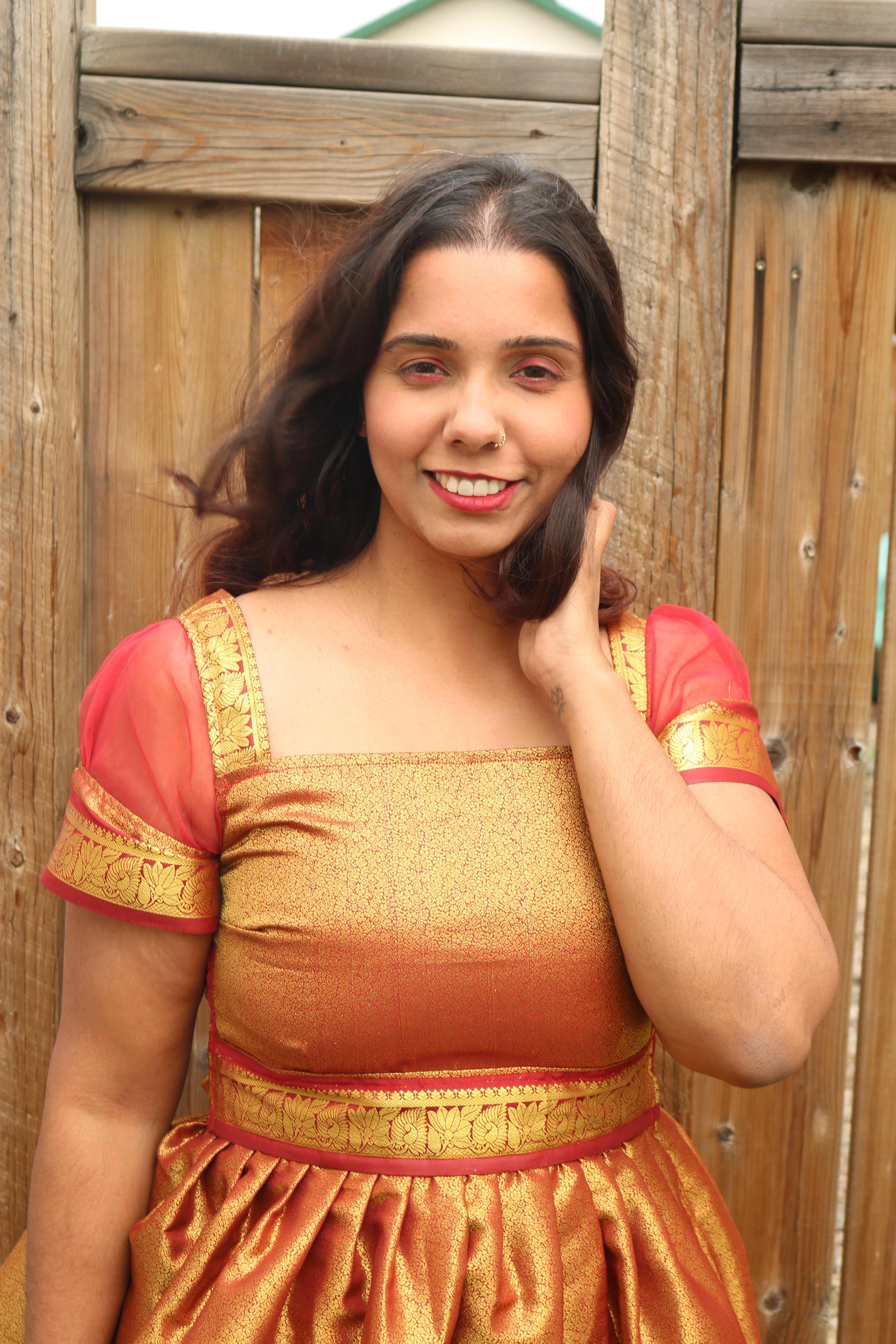 Goddess in Red and Gold Knee Length Dress