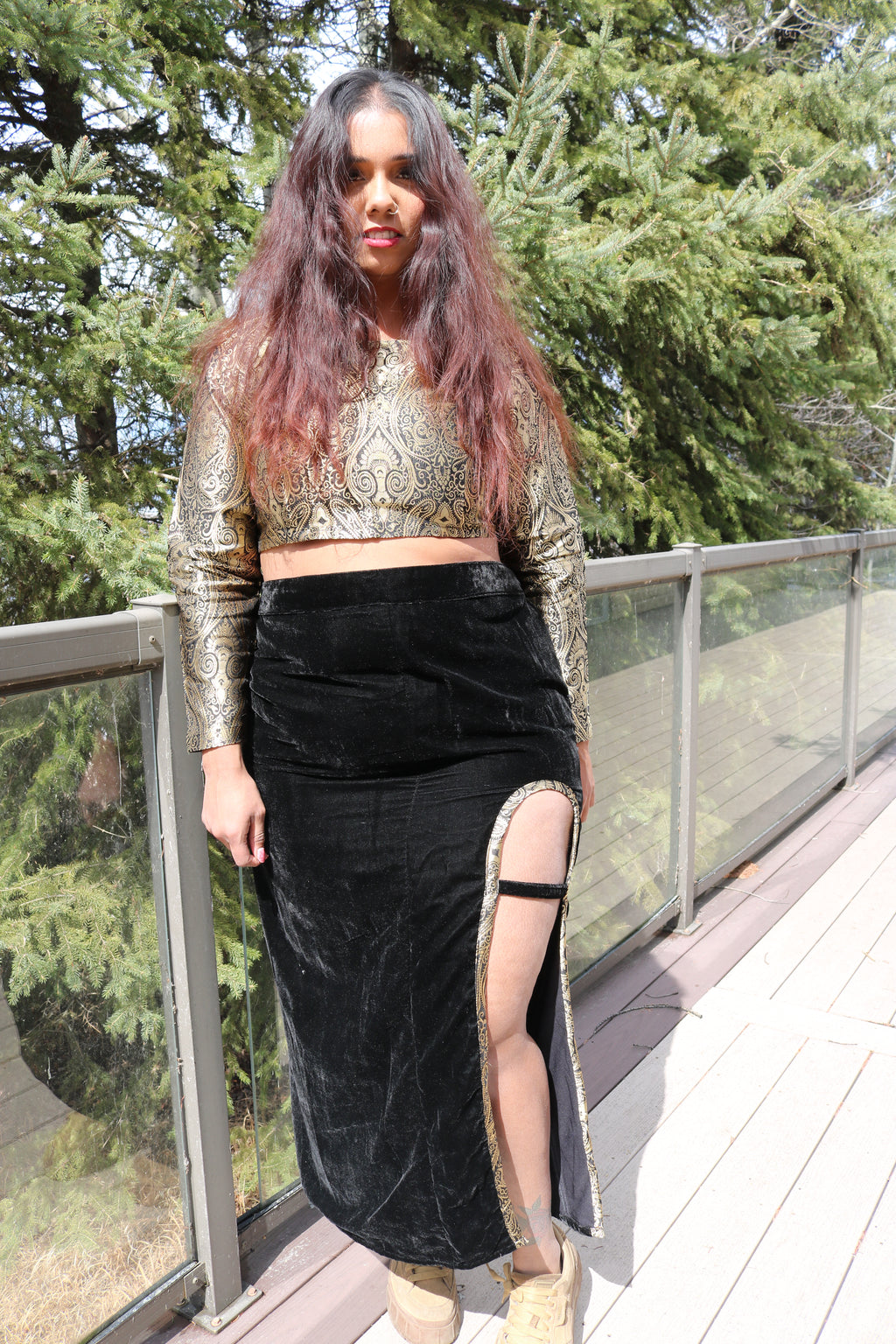 Golden Goddess Long Sleeve Crop Top & High Waisted U Slit Skirt Set