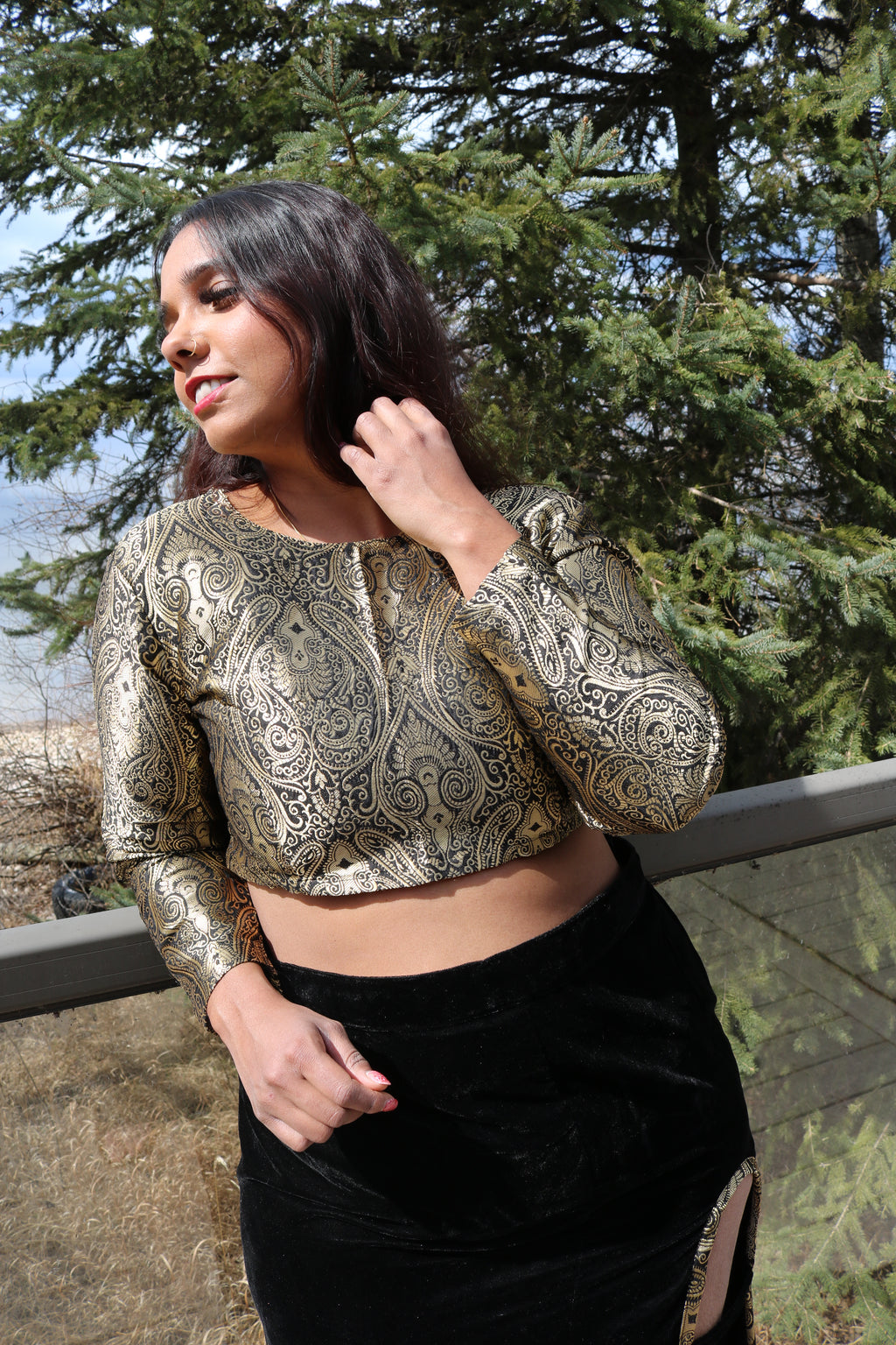 Golden Goddess Long Sleeve Crop Top & High Waisted U Slit Skirt Set