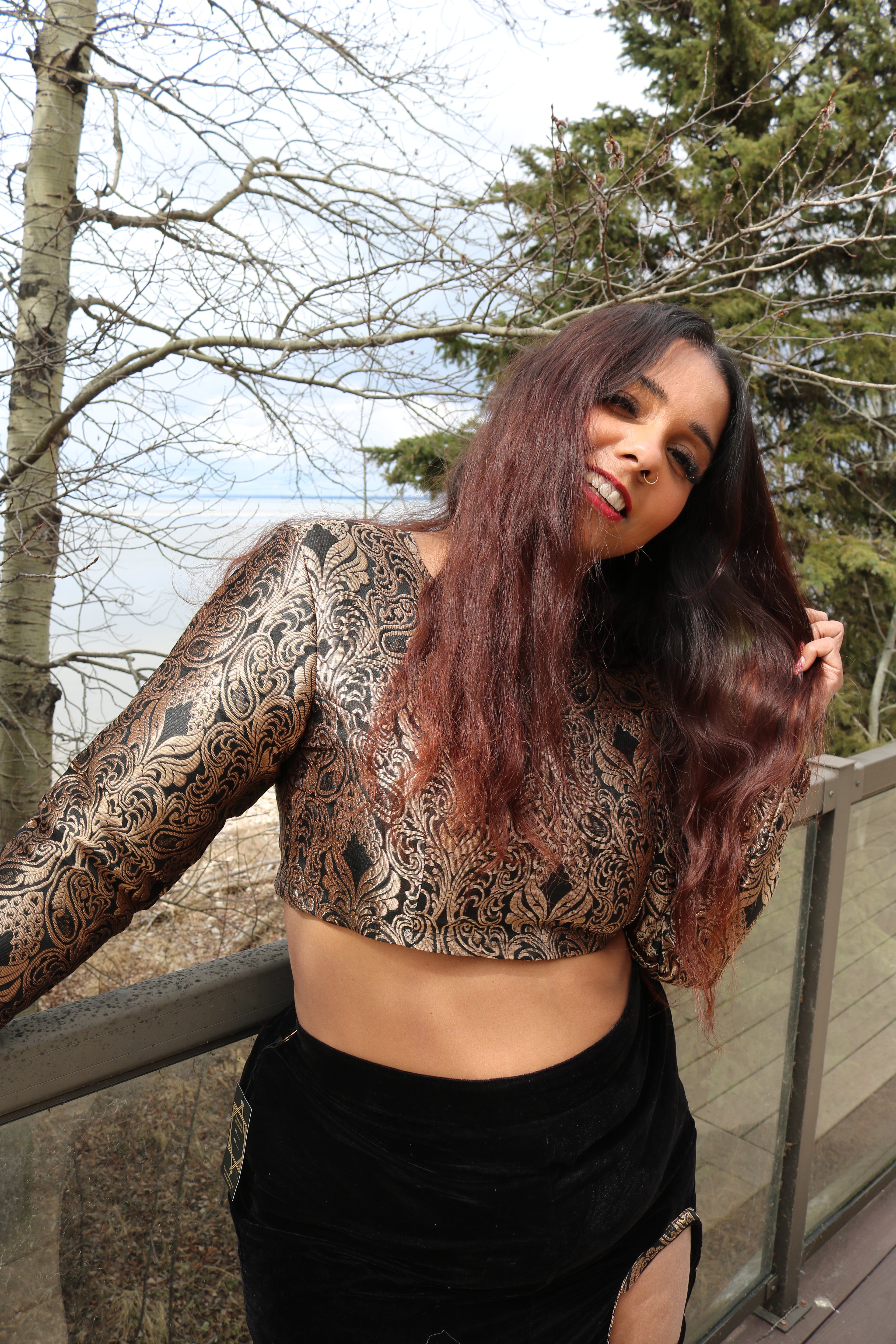 Golden Goddess Long Sleeve Crop Top & High Waisted U Slit Skirt Set #2