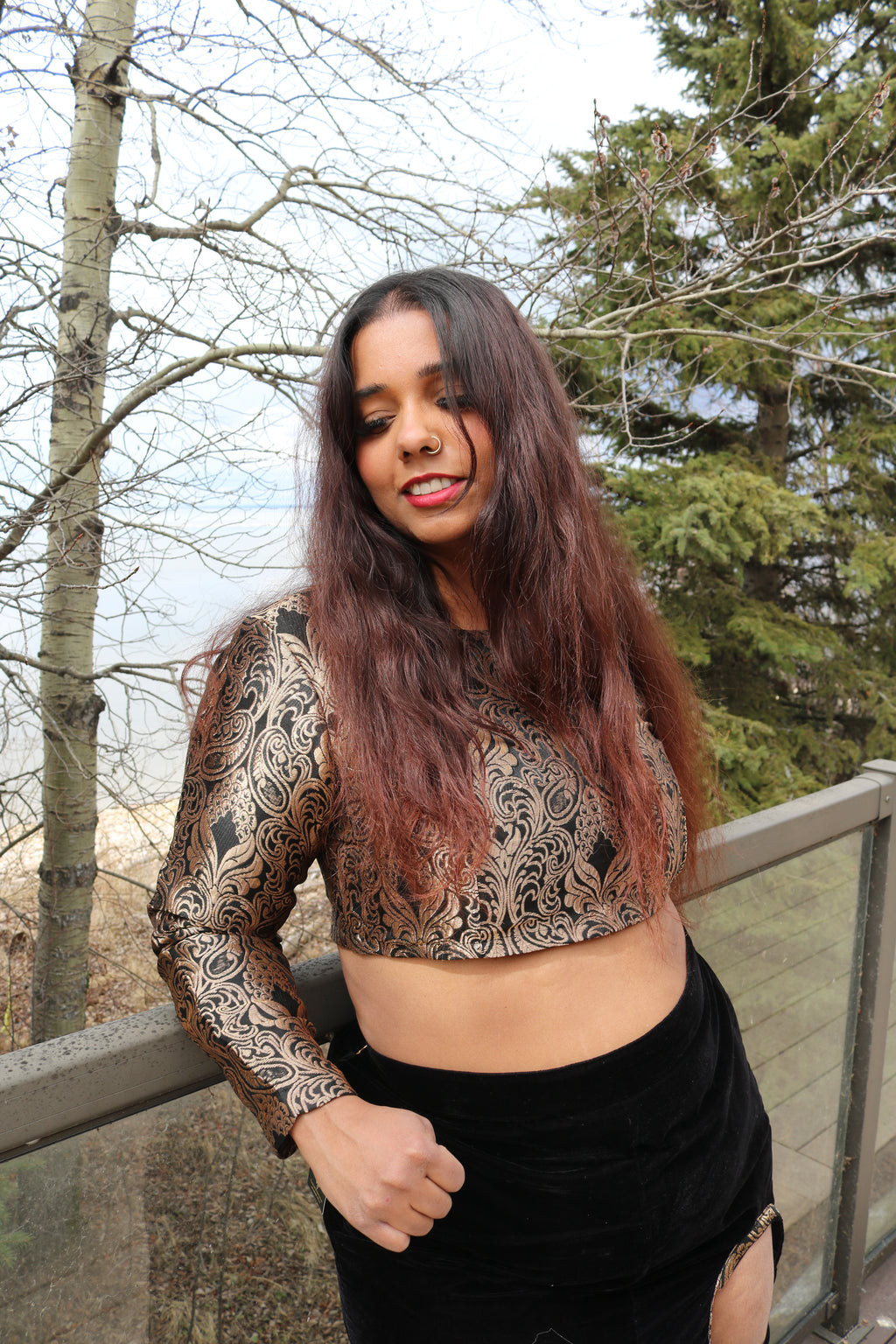 Golden Goddess Long Sleeve Crop Top & High Waisted U Slit Skirt Set #2