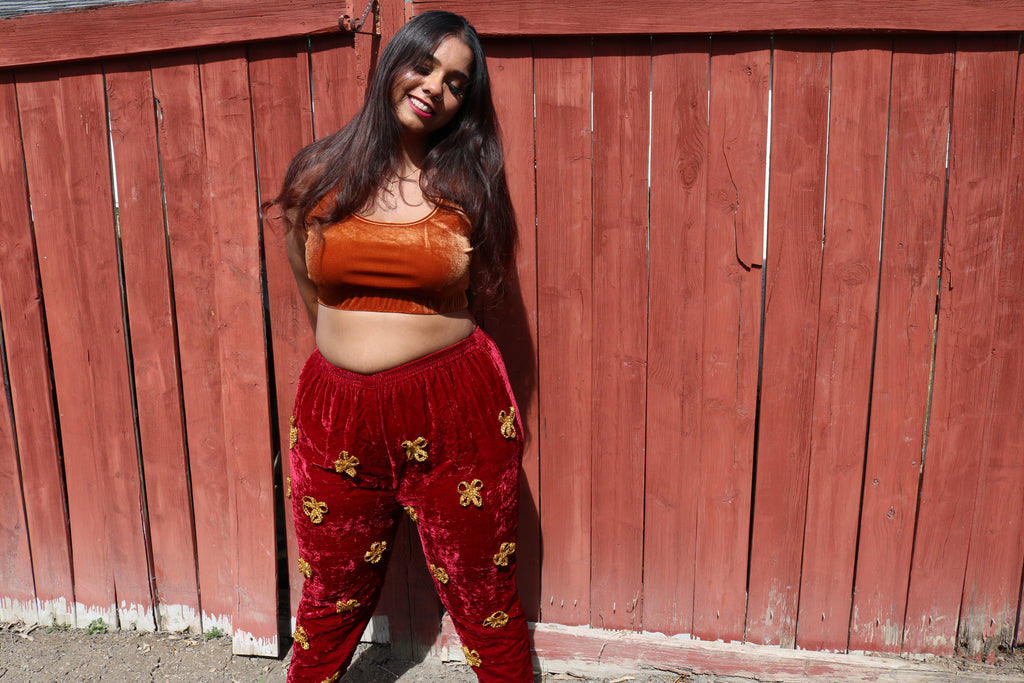 Scarlet Velvet with Gold Flowers Pants